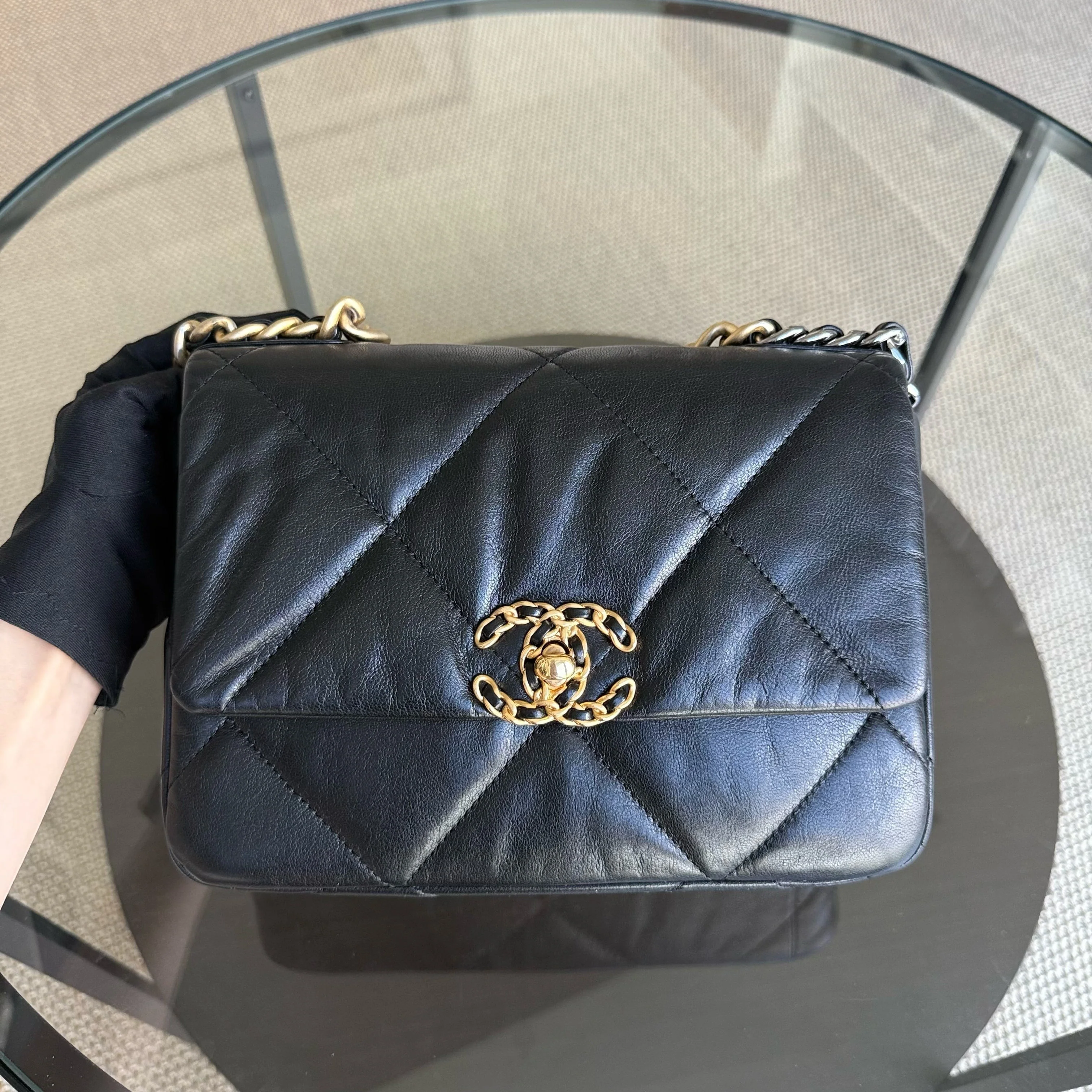 Chanel 19 Bag Small C19 - Quilted Goatskin Black Gold Two-tone Hardware Series 30