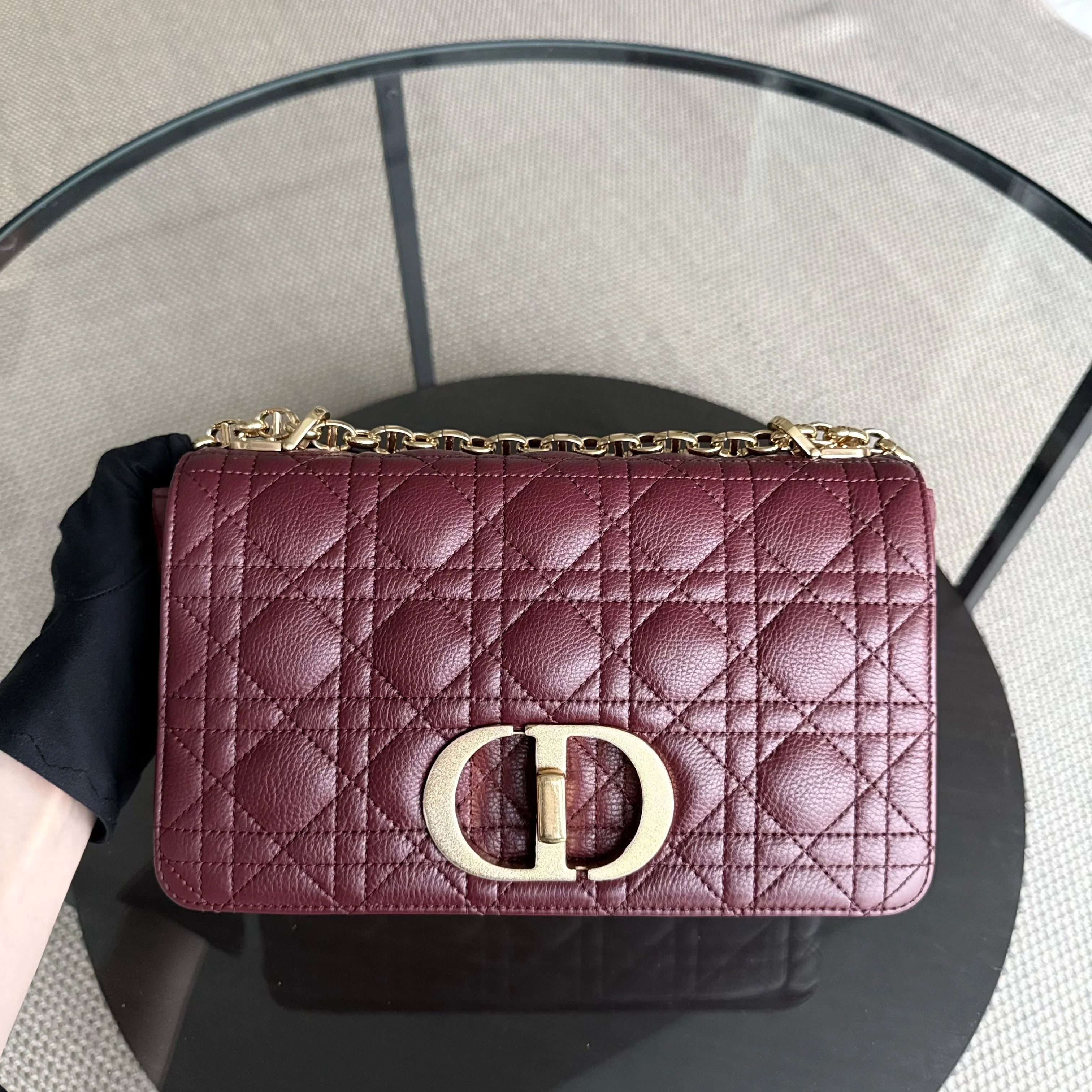 Dior Caro Medium - Cannage Calfskin Burgundy Red Gold Hardware