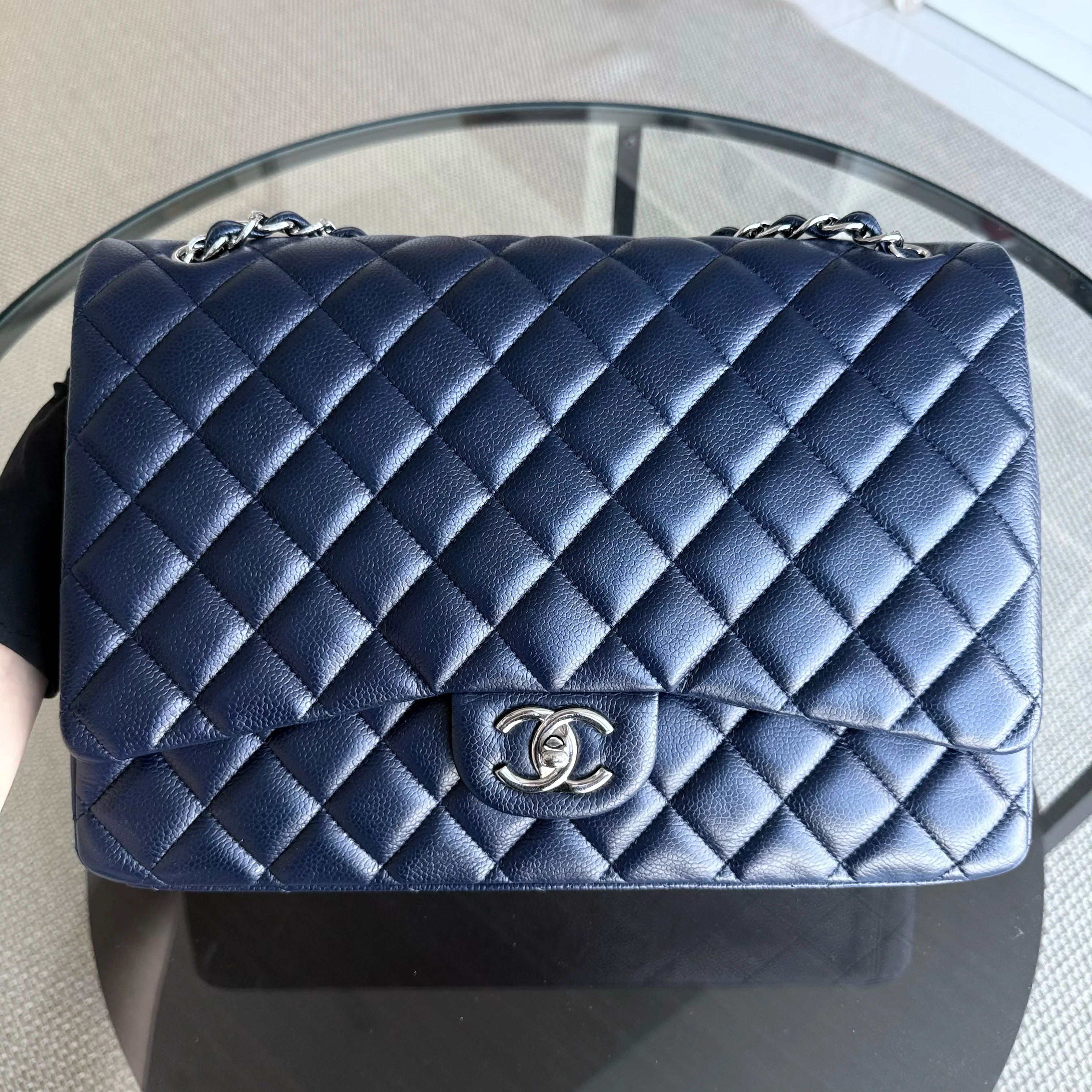 Chanel Classic Flap Maxi - Caviar 33CM Double Flap Quilted Dark Navy Blue Silver Hardware Series 15