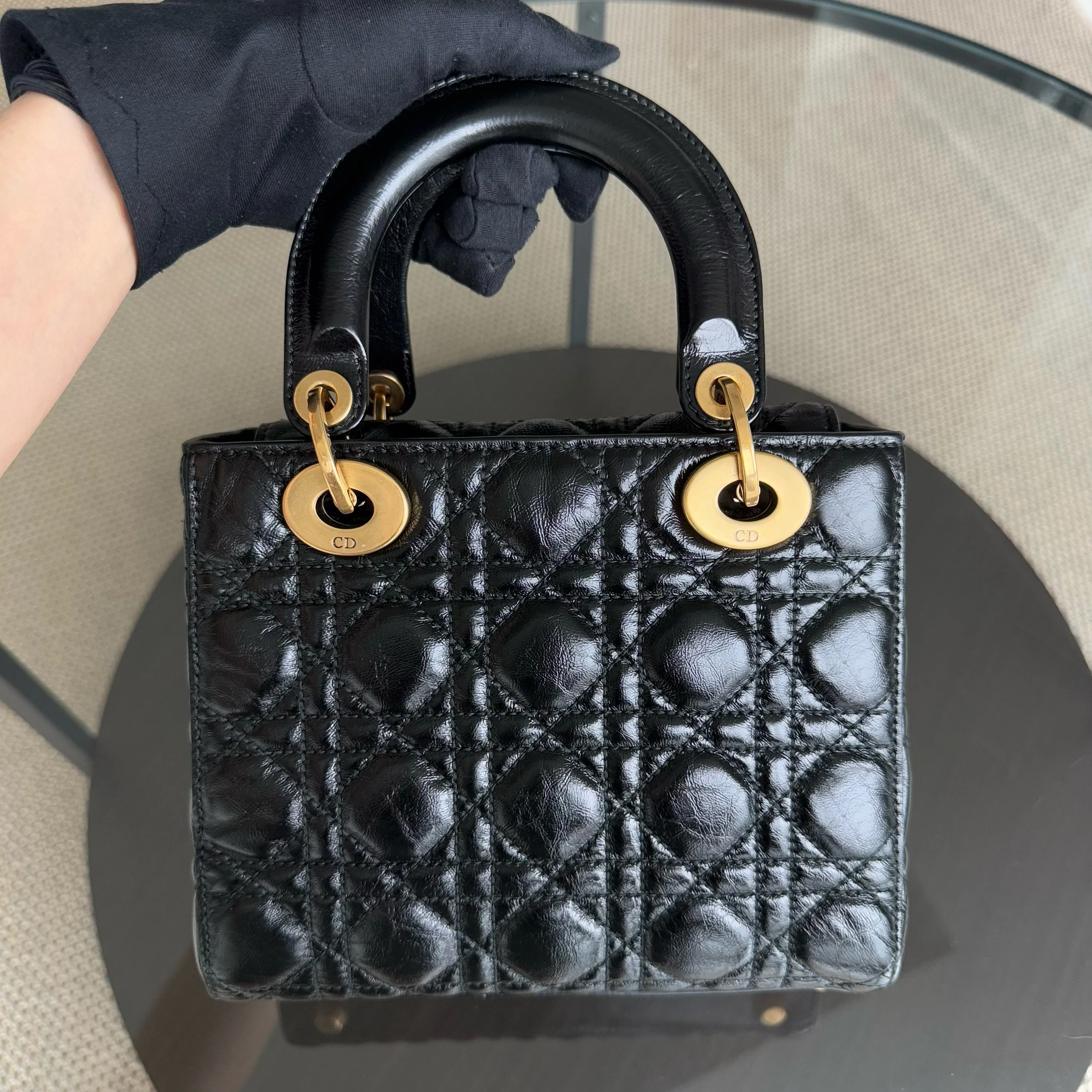 Dior Lady Small - Cannage Glazed Calfskin Black Gold Hardware