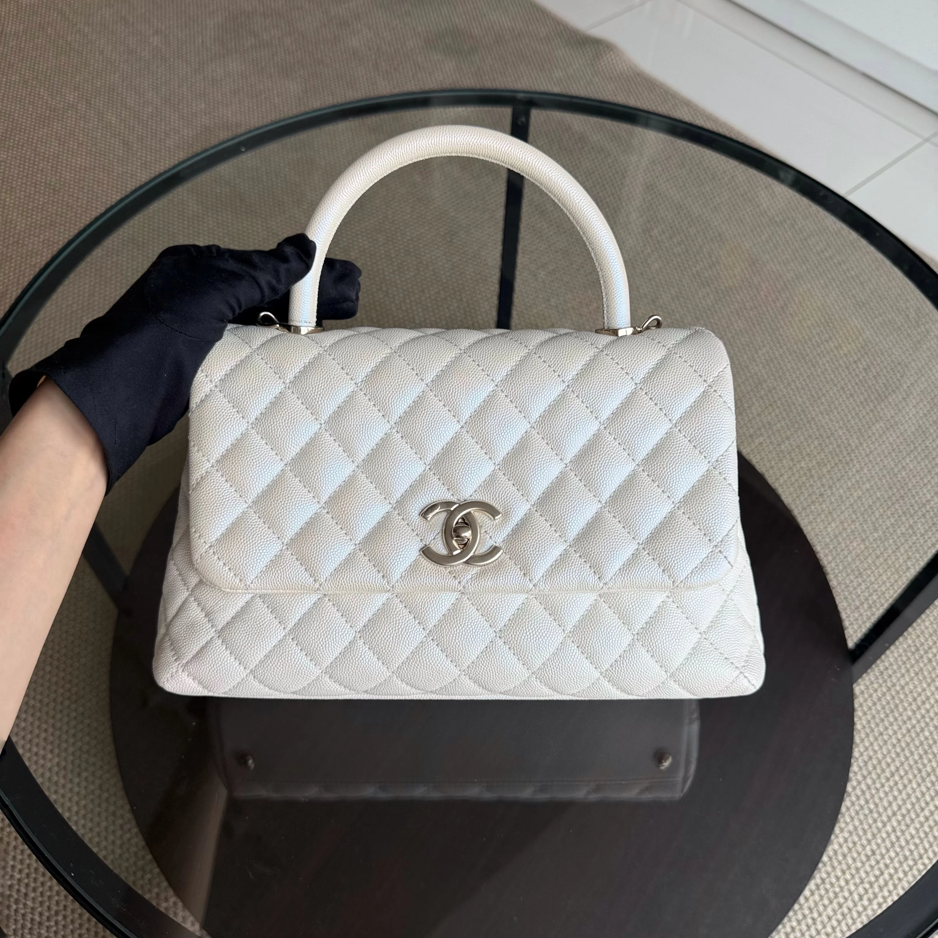 Chanel Coco Handle Medium - Caviar 29CM Quilted Irridescent Pearl White Gold Hardware Series 30