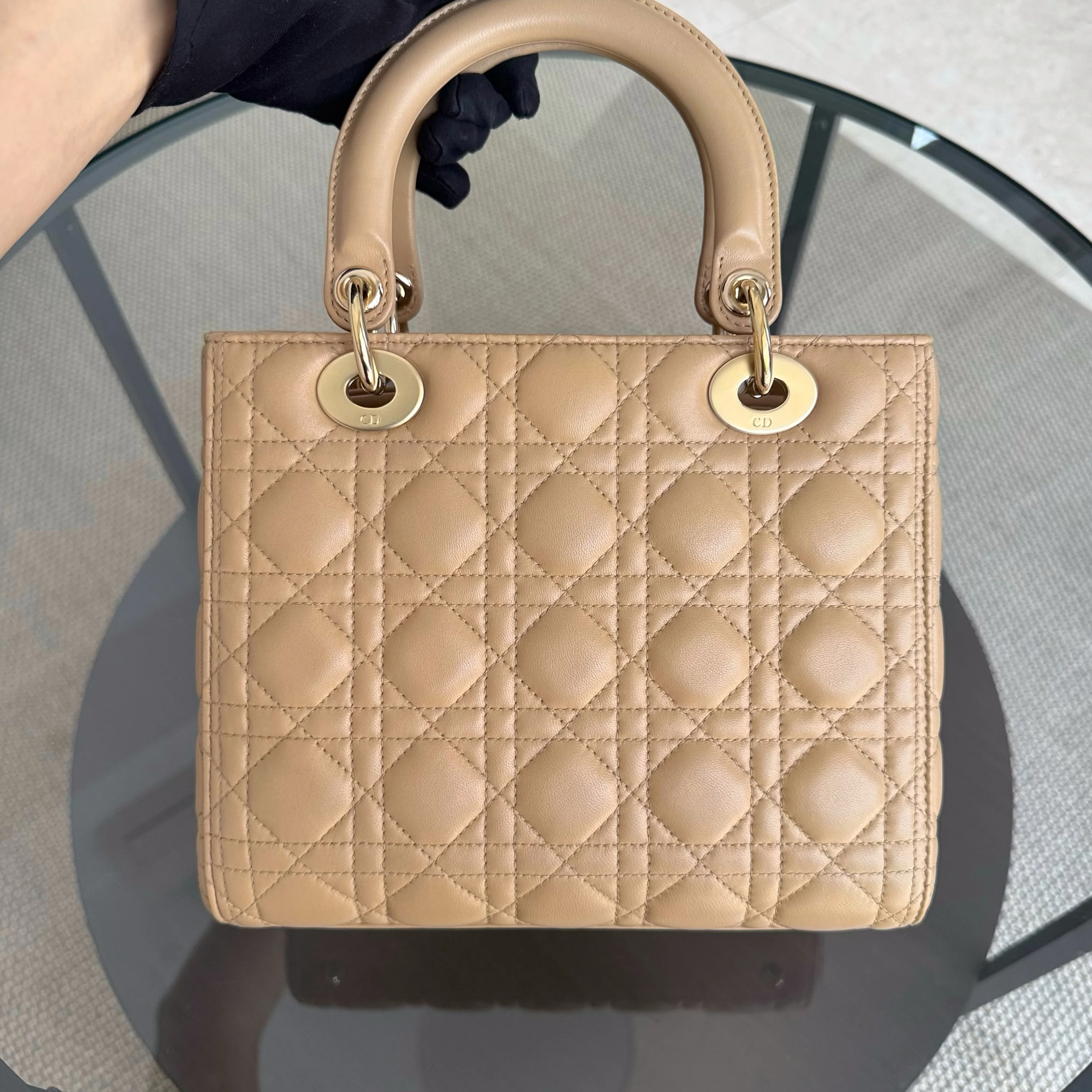 Dior Lady Medium - Cannage Lambskin Beige Brown Gold Hardware Strap