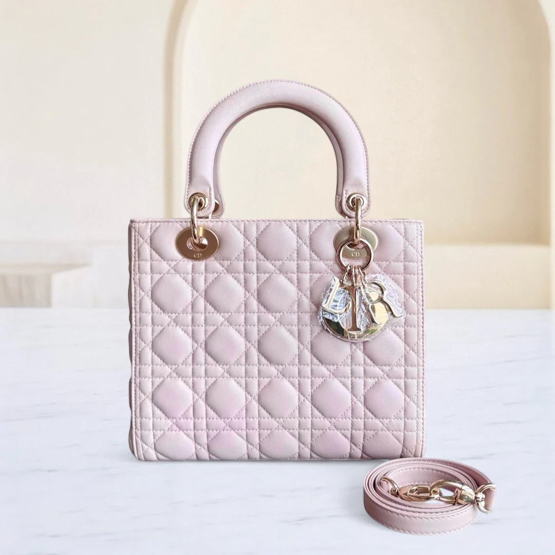 Dior Lady Medium Cannage Lambskin Light Pink Gold Hardware