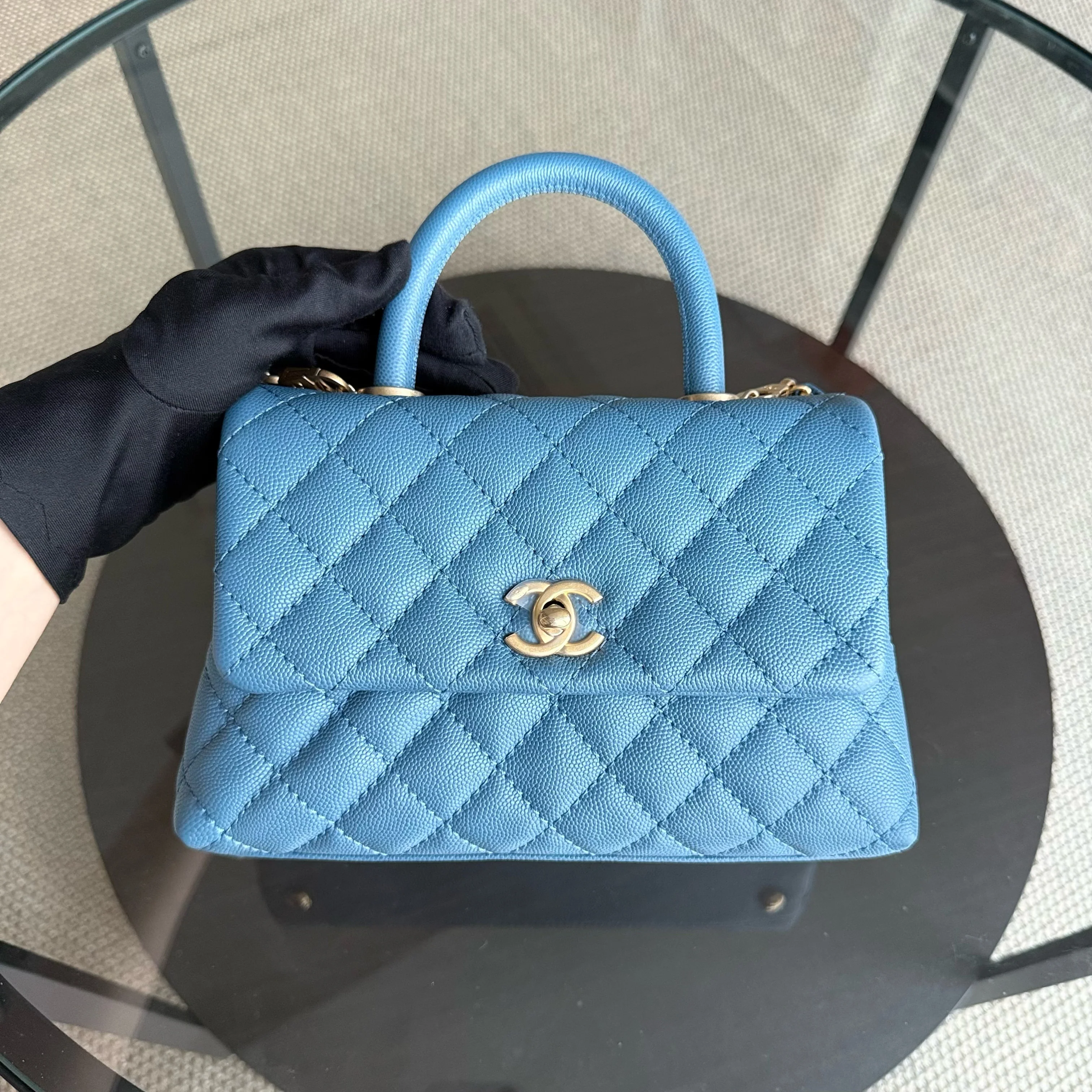 Chanel Coco Handle Small - Caviar 25CM Quilted Blue Gold Hardware Series 25
