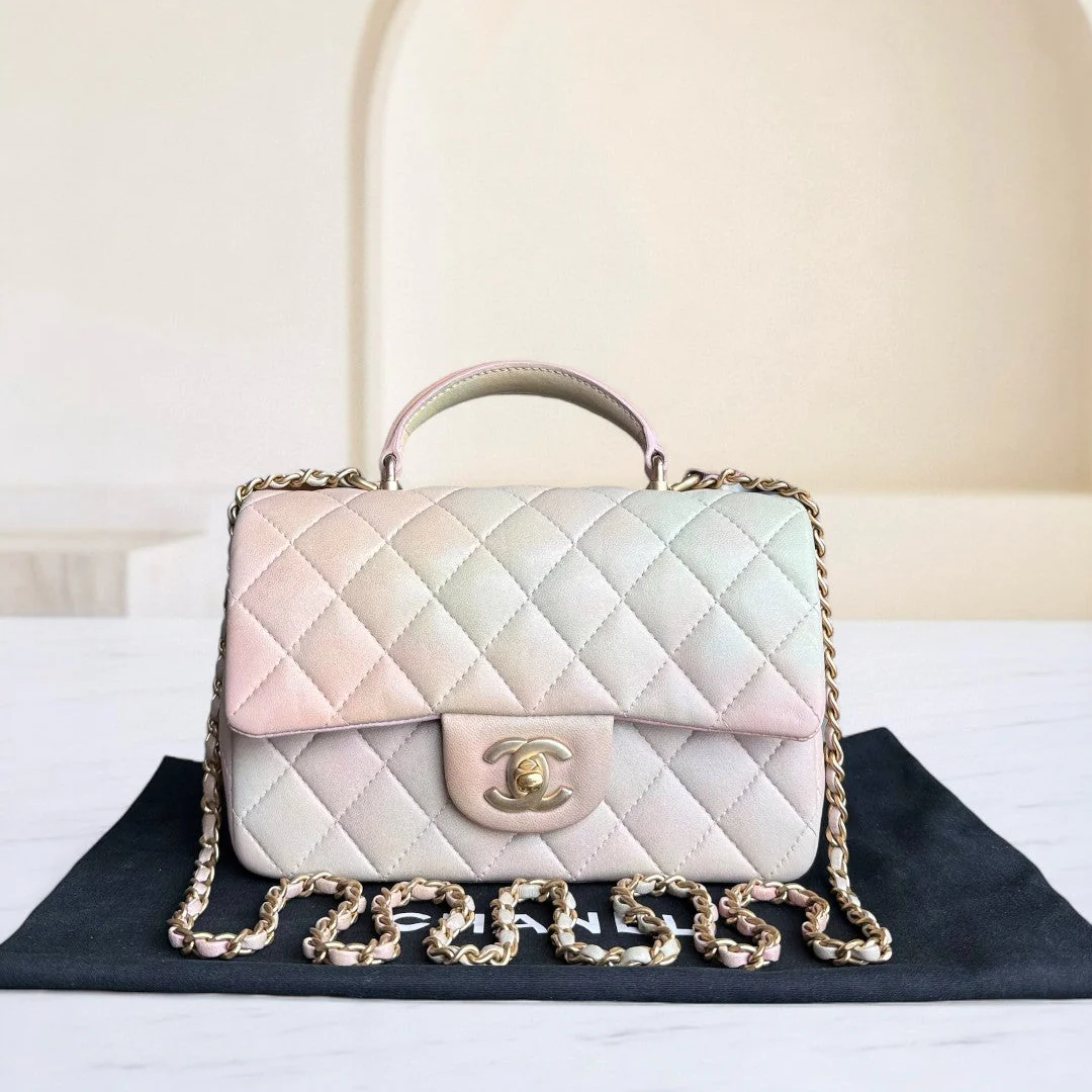Chanel Classic Flap Mini Top Handle -Quilted Lambskin Ombre Rainbow Gold Hardware Microchip