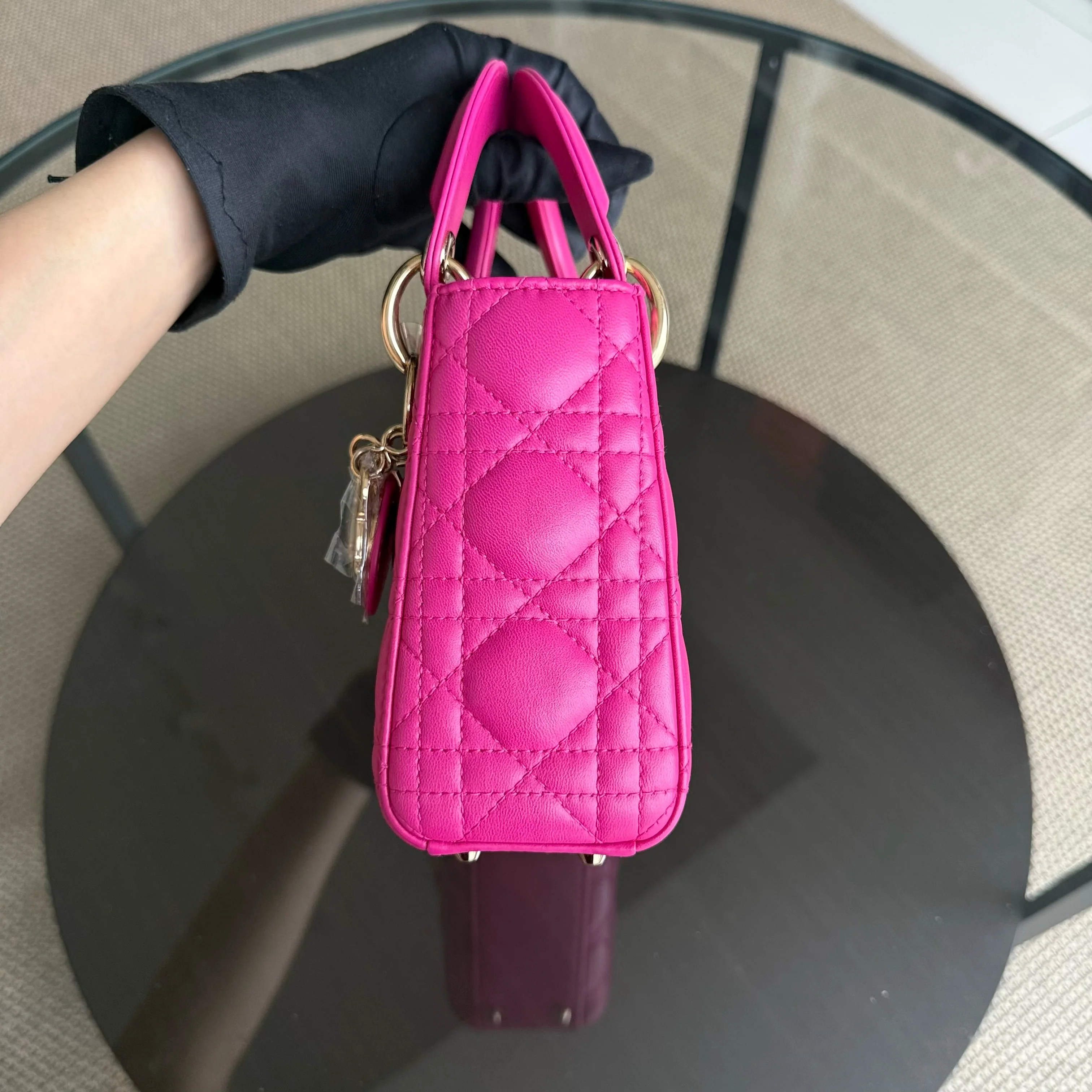 Dior Lady Mini - Cannage Lambskin Hot Pink Gold Hardware Chain Strap