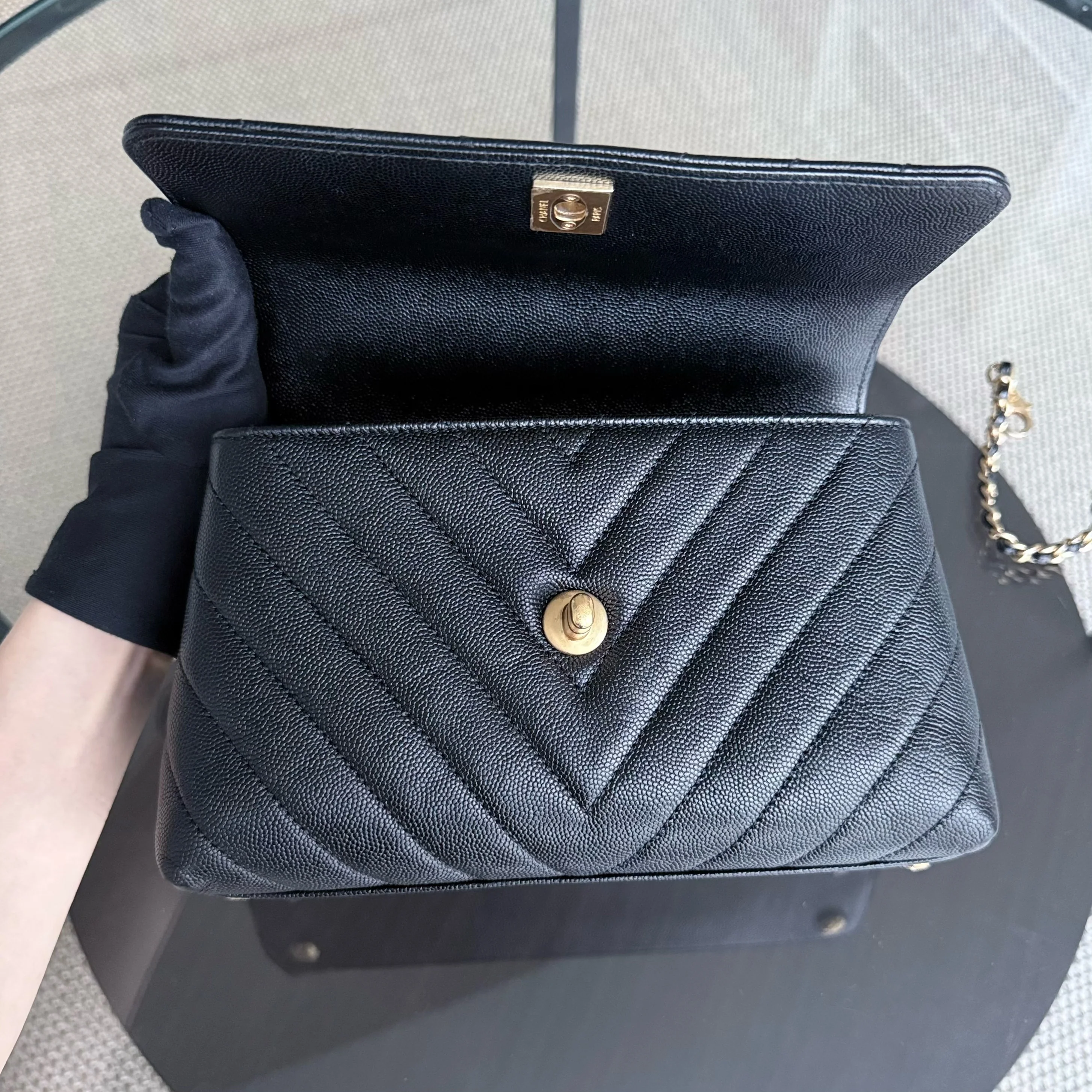 Chanel Coco Handle Small - Caviar Chevron Grained Calfskin Black Gold Hardware Series 26