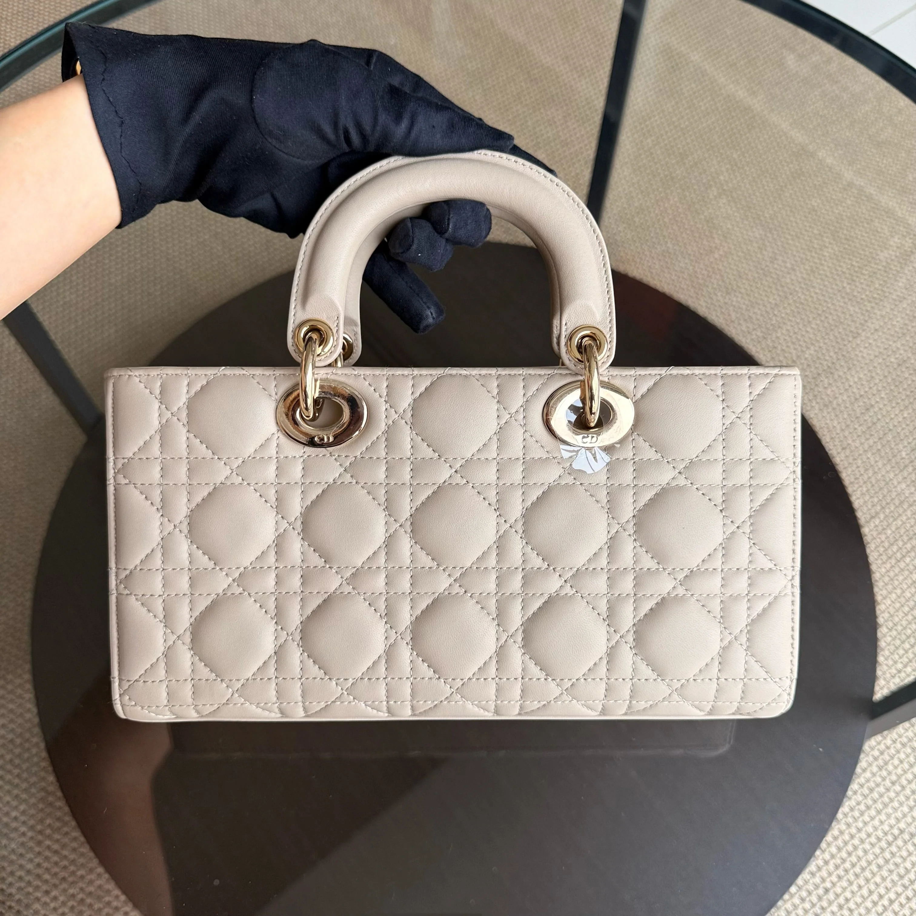 Dior D-Joy Medium Cannage Lambskin Beige Golden Hardware Shoulder Bag