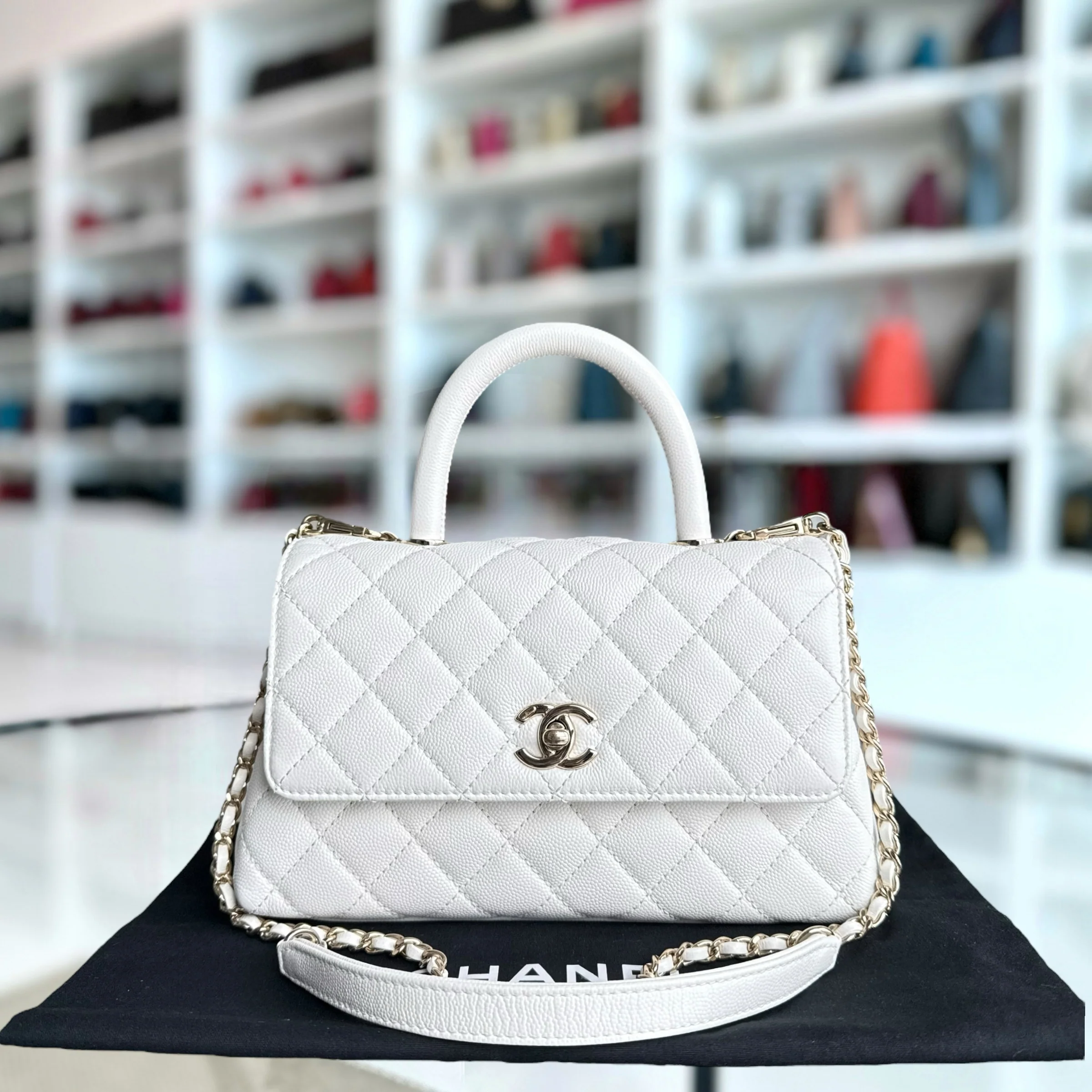 Chanel Coco Handle Small - Caviar Quilted Snow White Gold Hardware Microchip