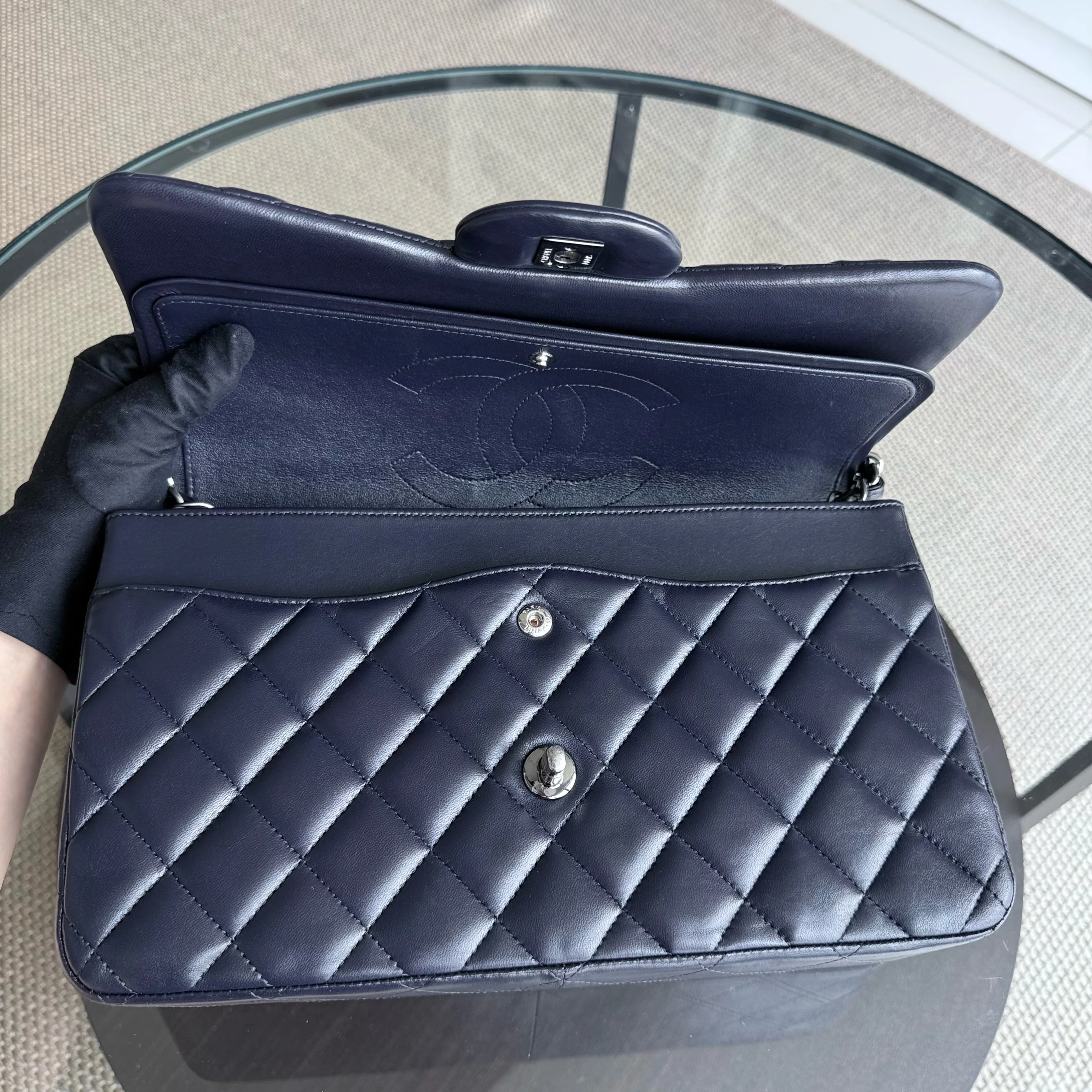Chanel Classic Flap Jumbo - Double Flap 30CM Quilted Lambskin Dark Blue Silver Hardware Series 23
