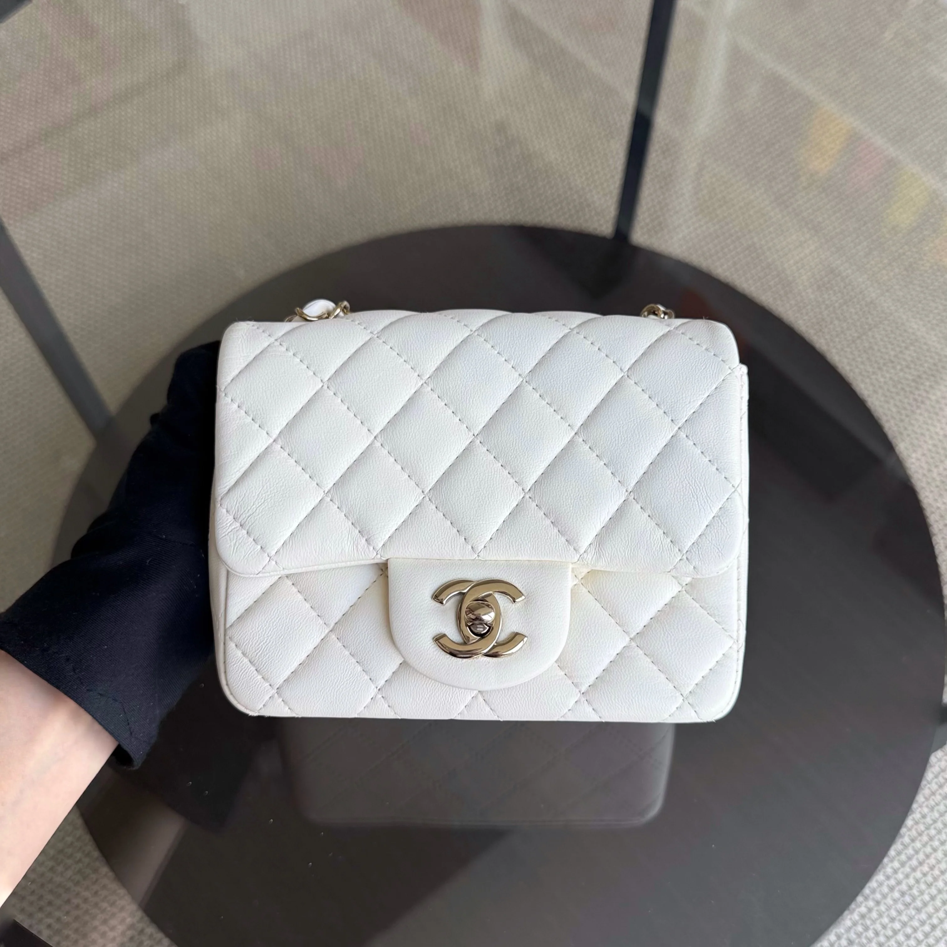 Chanel Classic Flap Mini Square - 17CM Quilted Lambskin White Gold Hardware Microchip