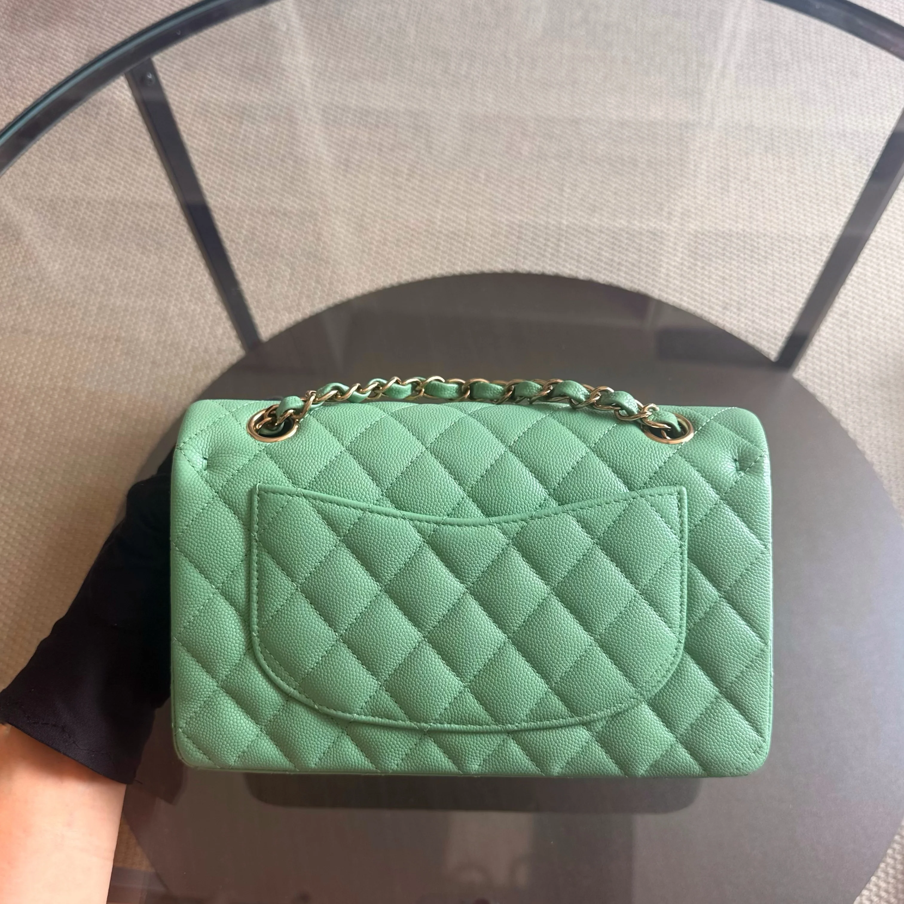 Chanel Classic Flap Small - Caviar 23CM Quilted Grained Calfskin Light Green Light Gold Hardware Microchip
