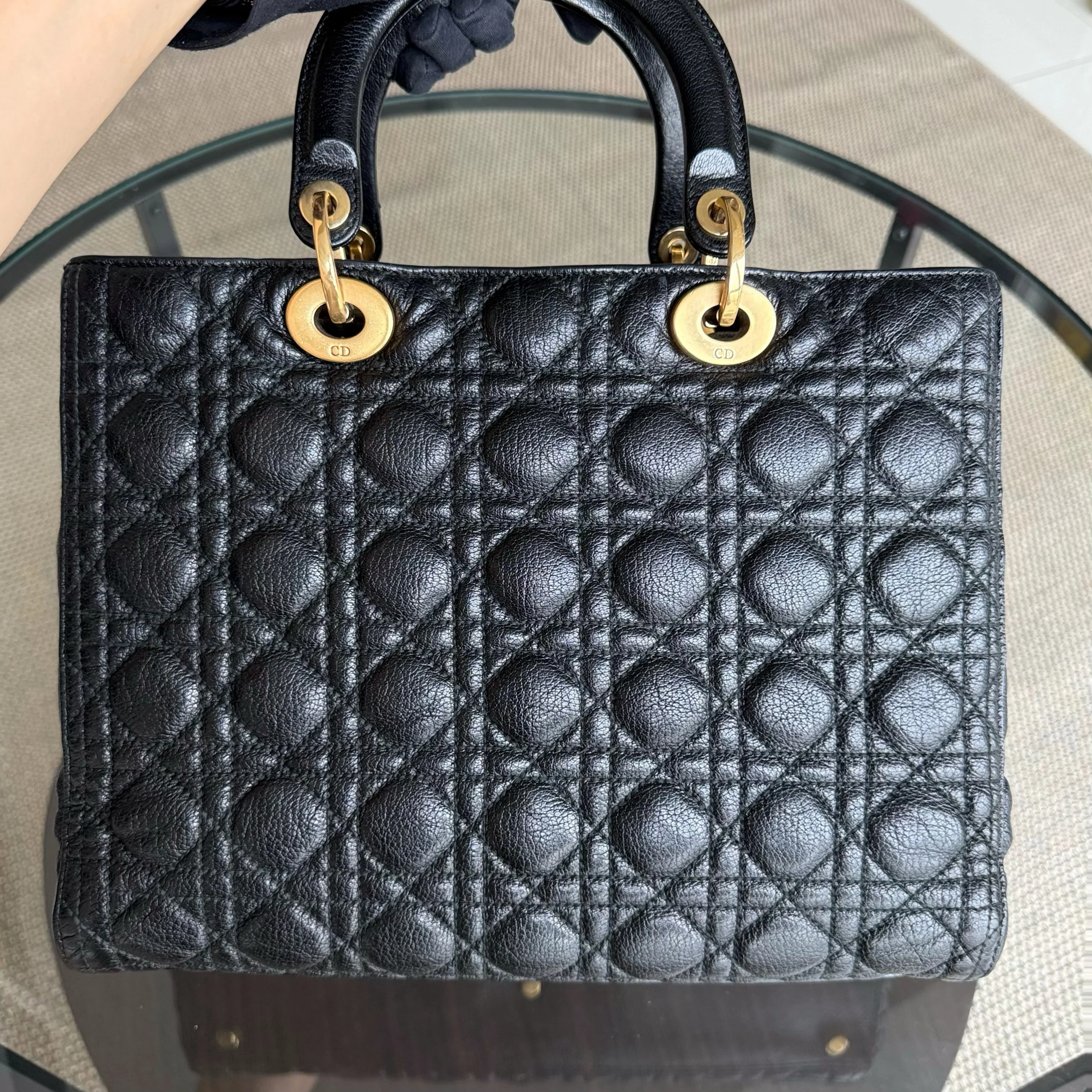 DIor Lady Large - Cannage Grained Calfskin Black Gold Hardware NO STRAP