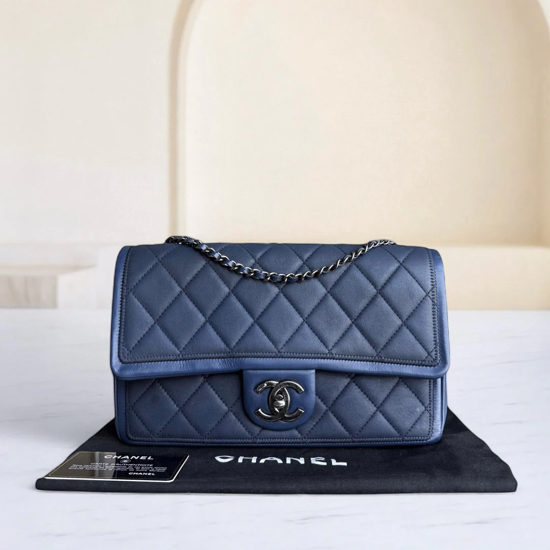 Chanel Seasonal Flap - 25CM Quilted Calfskin Blue Ruthenium Silver Hardware Series 20