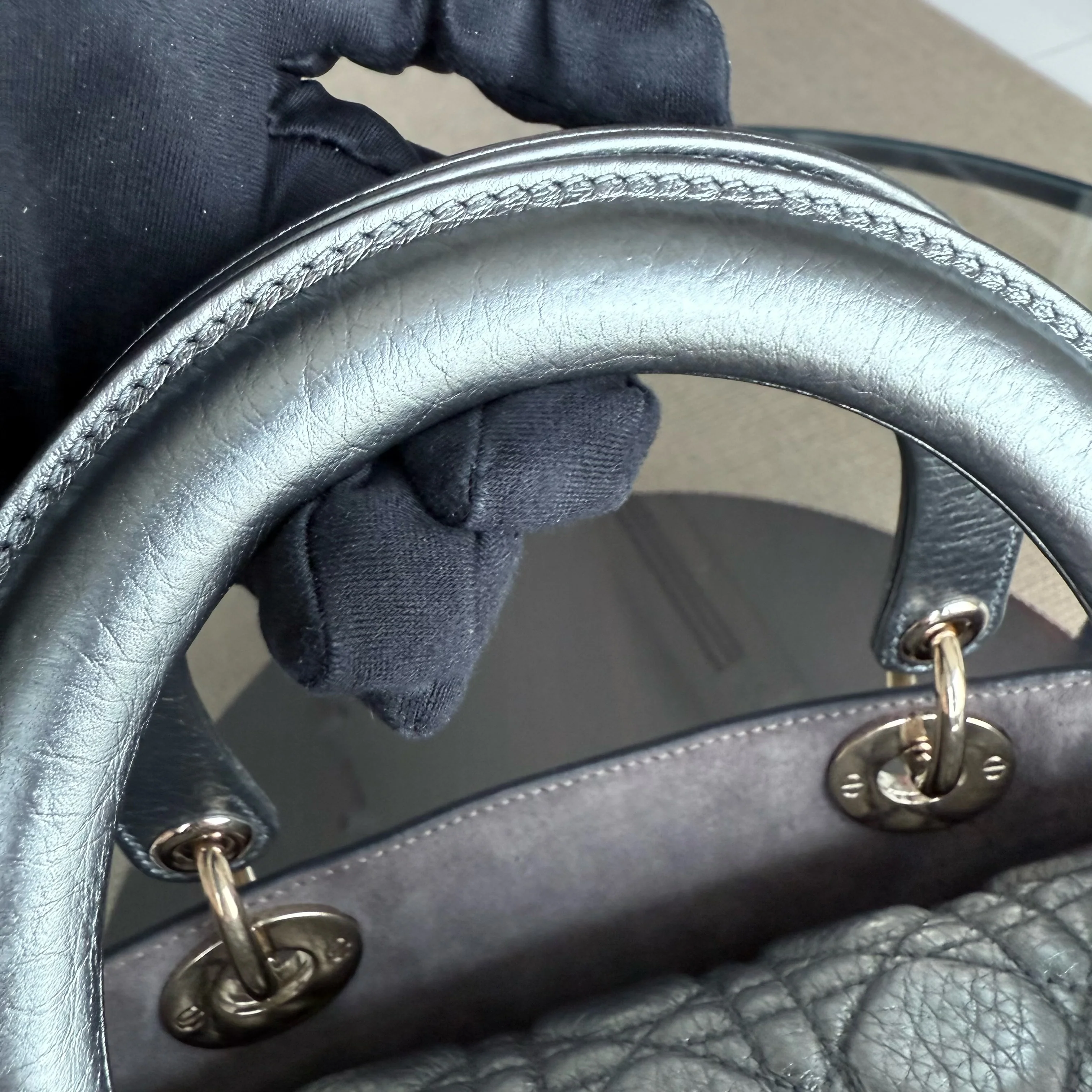 Dior Lady Medium Flap - Grained Calfskin Metallic Silver Gold Hardware Limited Edition