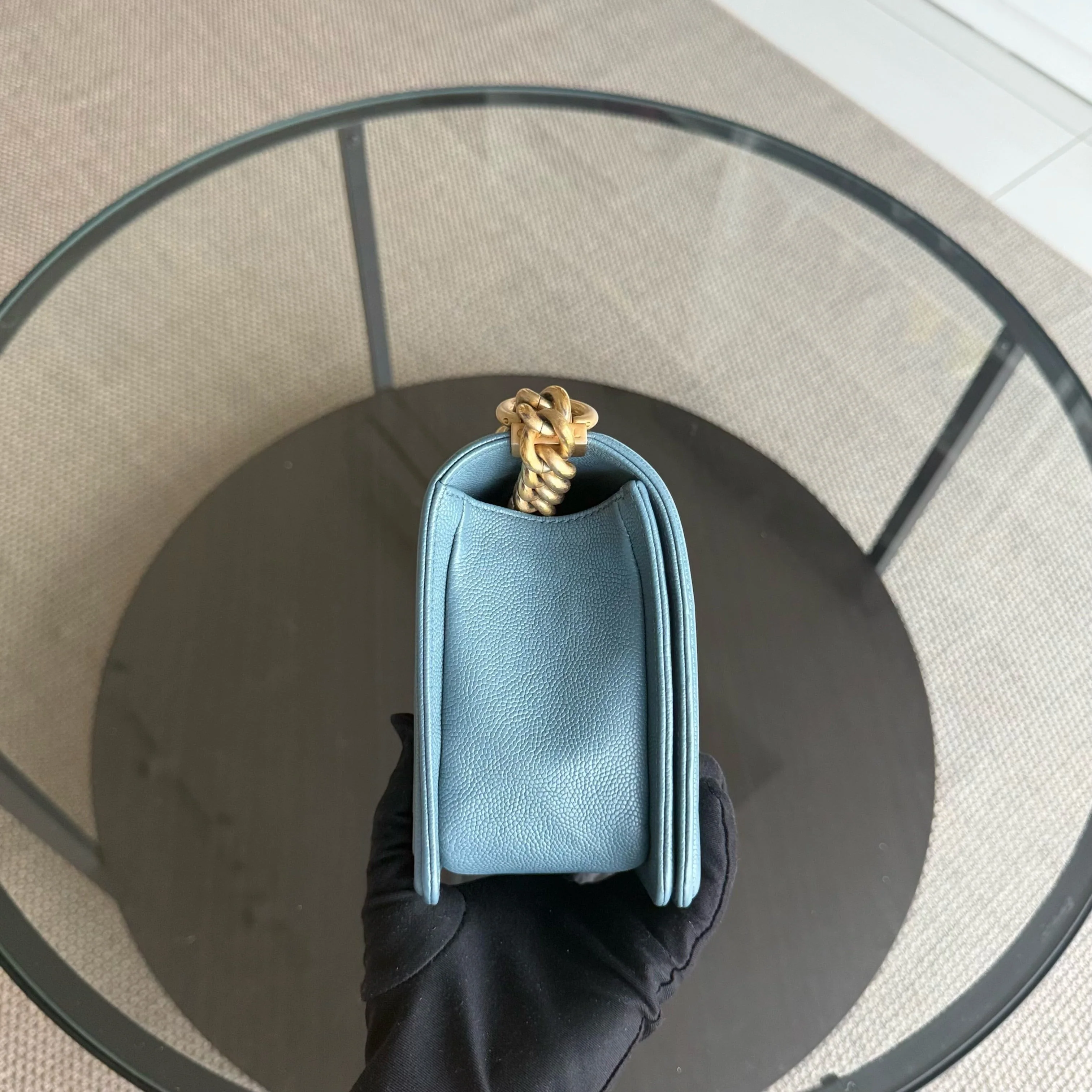 Chanel Boy Medium - Caviar 25CM Quilted Blue Gold Hardware 25