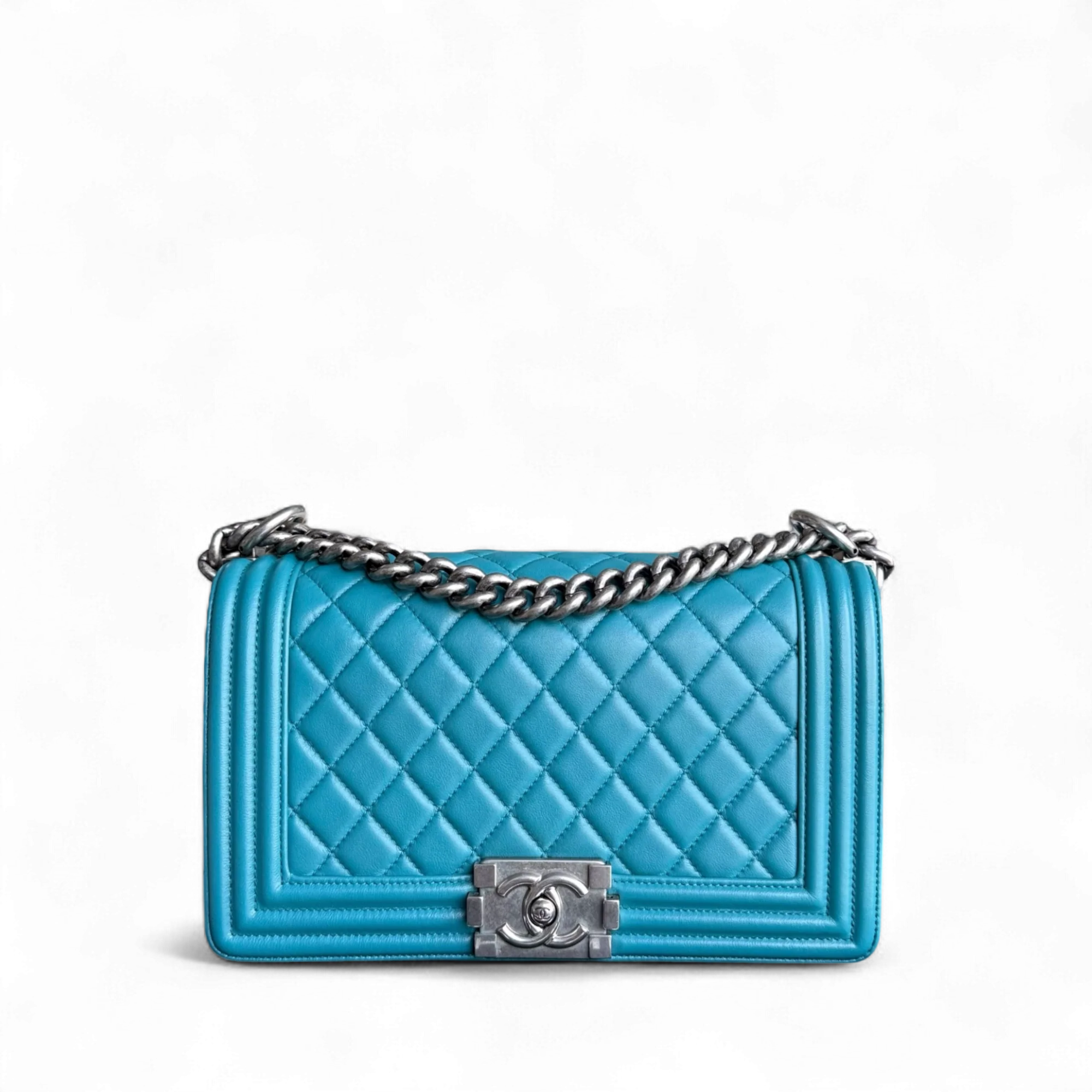 Chanel Boy Medium - 25CM Quilted Lambskin Blue Silver Hardware Series 19