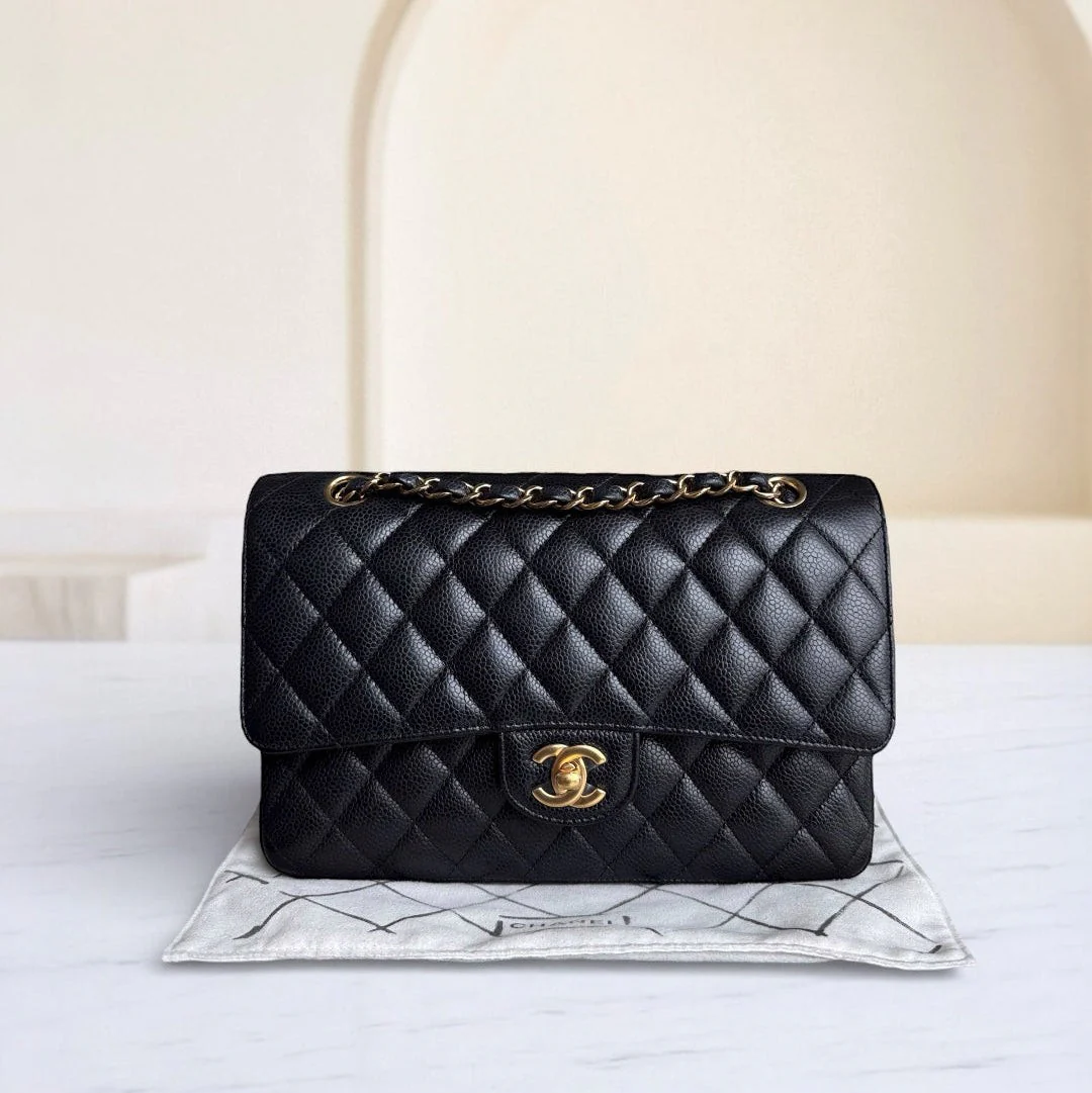 Chanel Classic Flap Medium - Caviar 25CM Quilted Grained Calfskin Black Gold Hardware Series 25