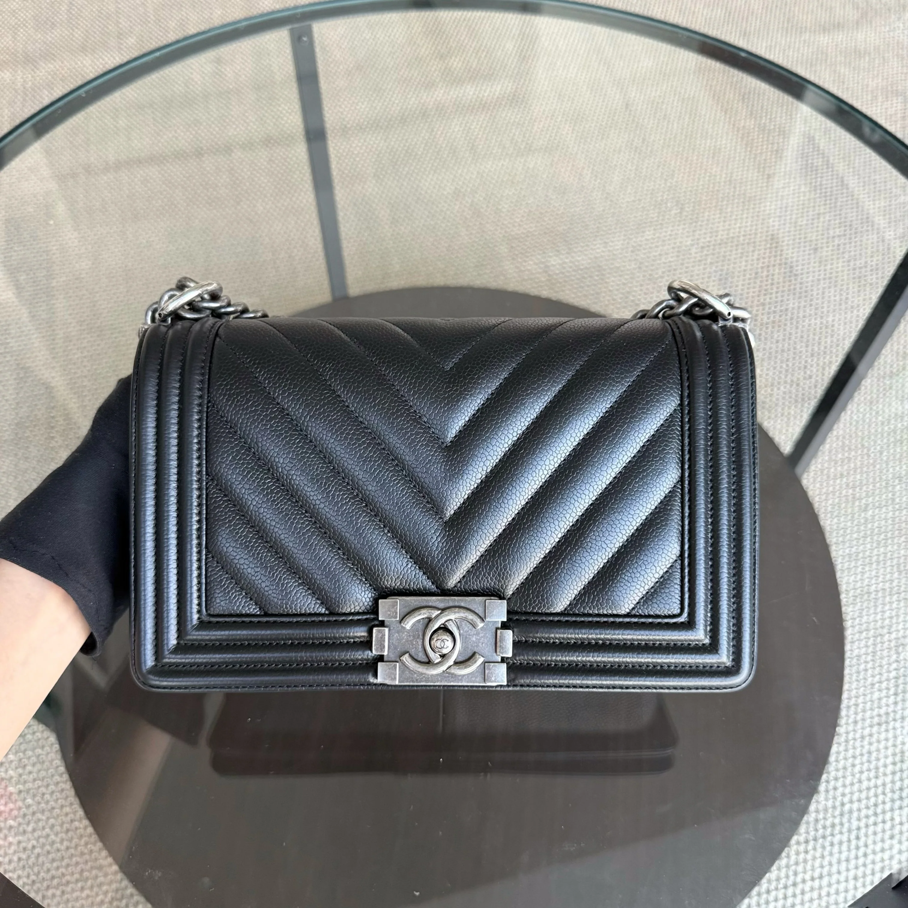 Chanel Boy Medium - 25CM Chevron Caviar Black Ruthenium Silver Hardware Series 29