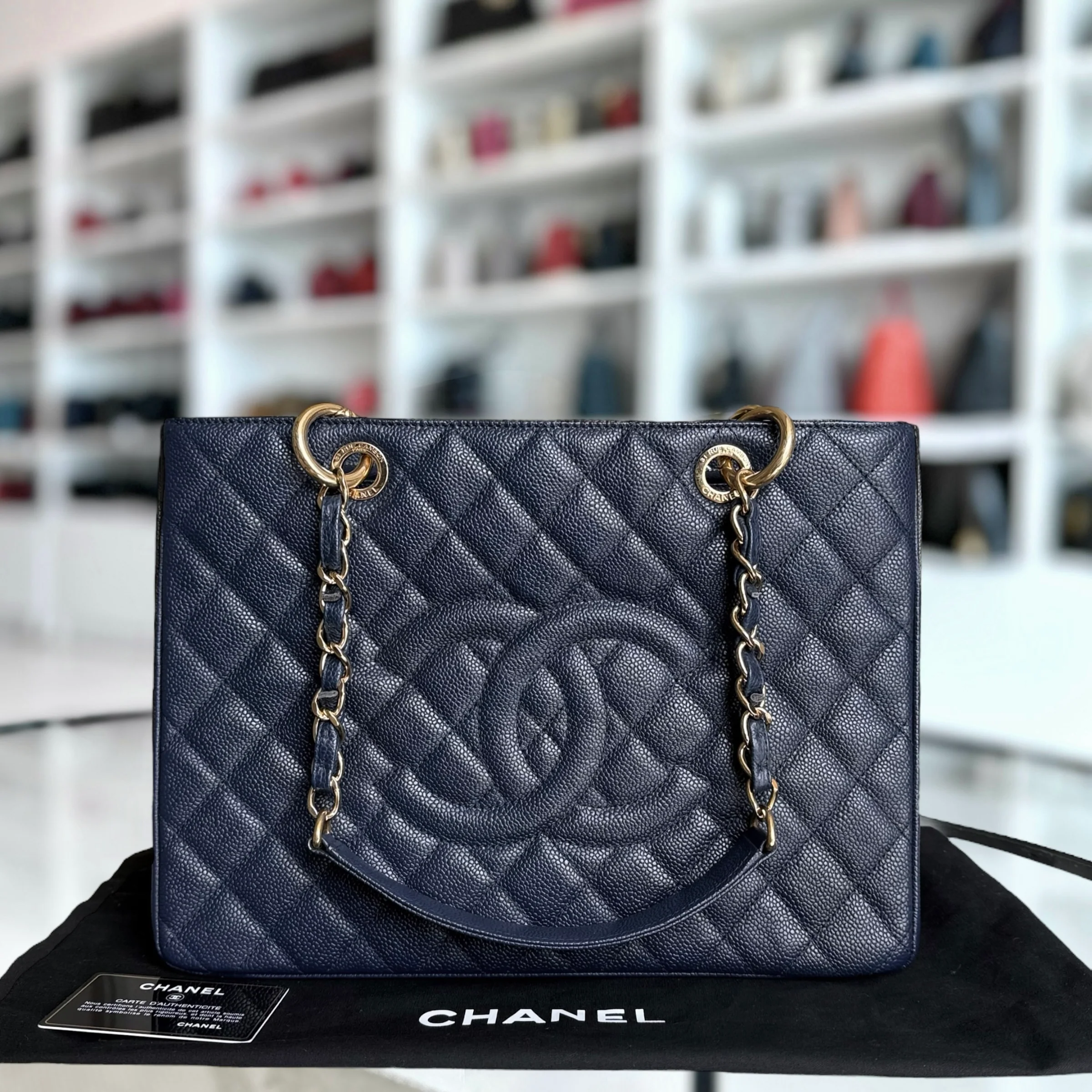 Chanel GST Grand Shopping Tote - Caviar Quilted Dark Blue Gold Hardware Series 19