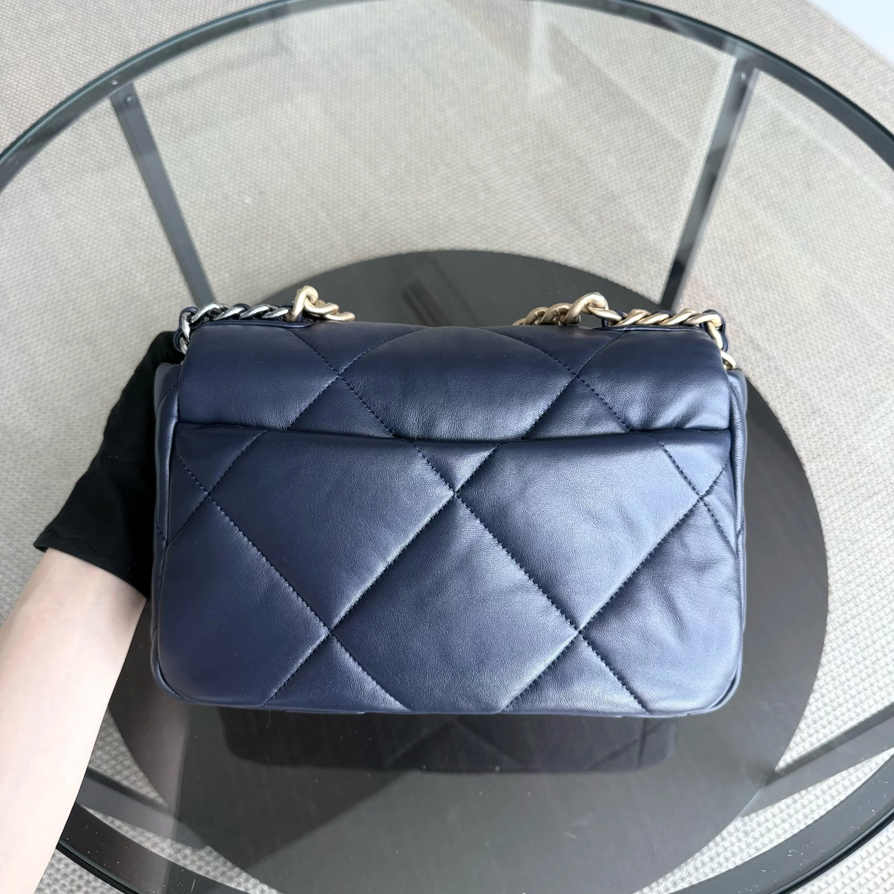 Chanel 19 Bag Small - C19 Quilted Goatskin Dark Navy Blue Two-tone Hardware Series 31