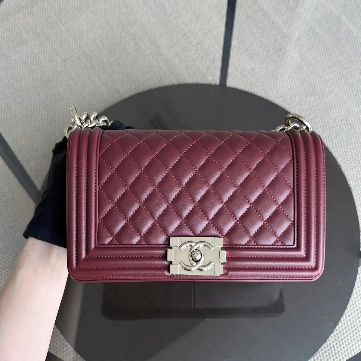Chanel Boy Medium - 25CM Quilted Lambskin Burgundy Gold Hardware Series 22