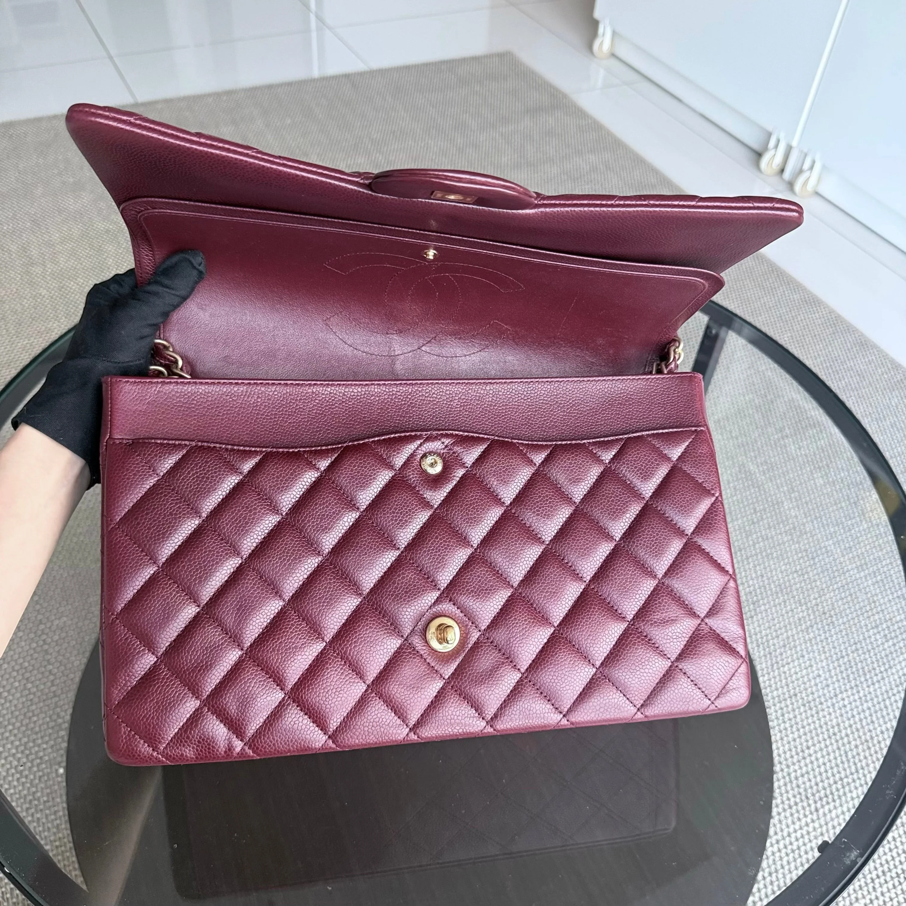 Chanel Classic Flap Maxi - Caviar Double Flap Quilted Burgundy Gold Hardware Series 21