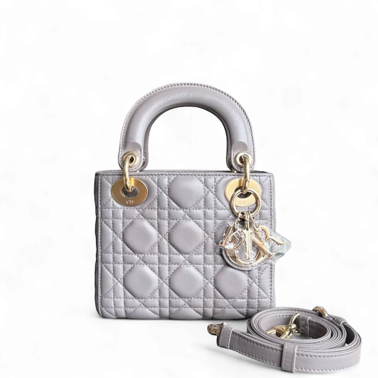 Dior Lady Mini - Cannage Lambskin Grey Gray Gold Hardware Adjustable Strap