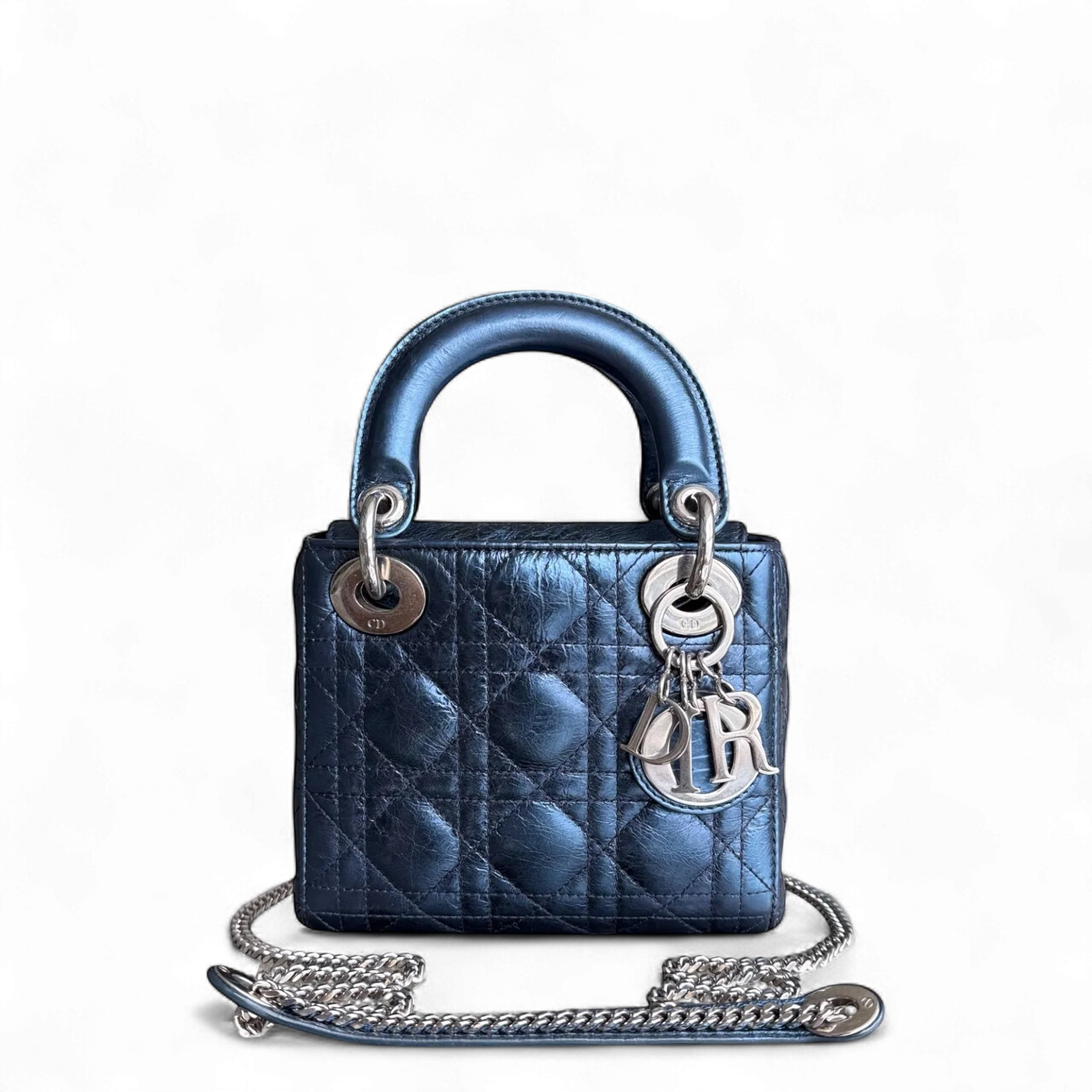 Dior Lady Mini - Cannage Glazed Calfskin Metallic Blue Silver Hardware