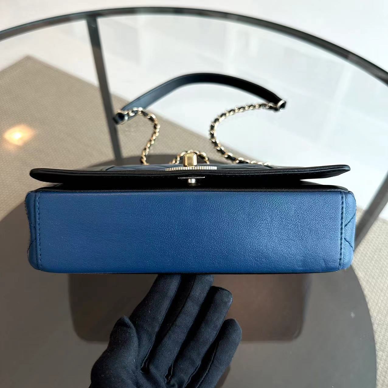 Chanel Seasonal Flap - Mademoiselle Small 23CM Calfskin Two-Tone Black Blue Golden Hardware Series 23