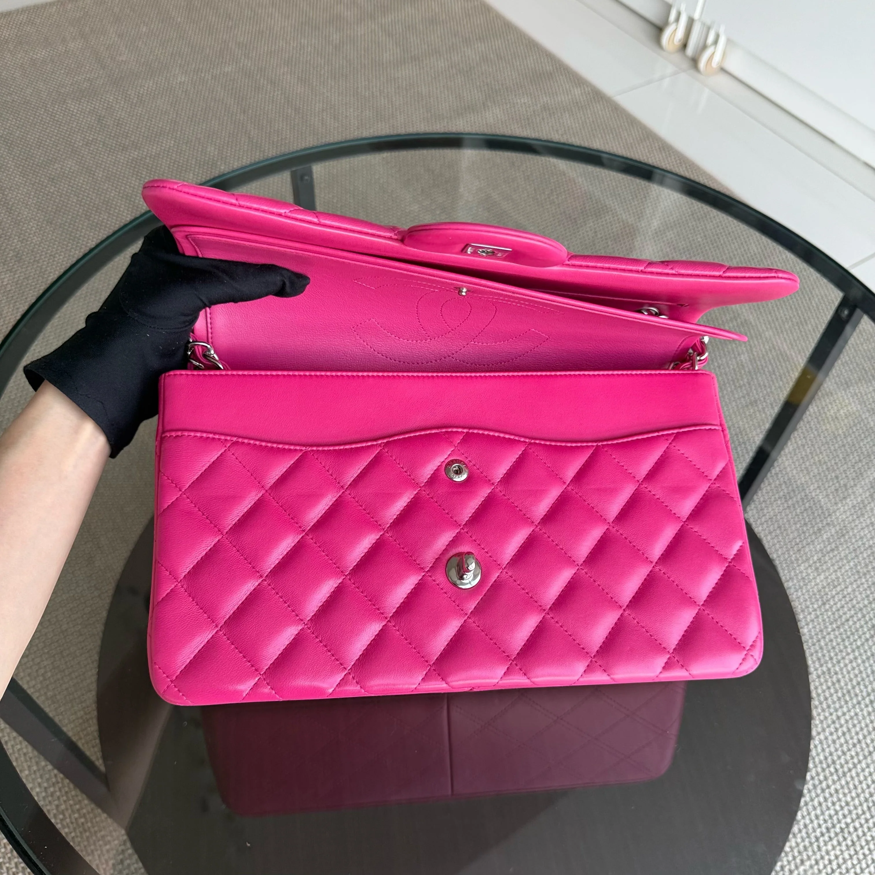 Chanel Classic Flap Jumbo - Double Flap 30CM Quilted Lambskin Pink Silver Hardware Series 19