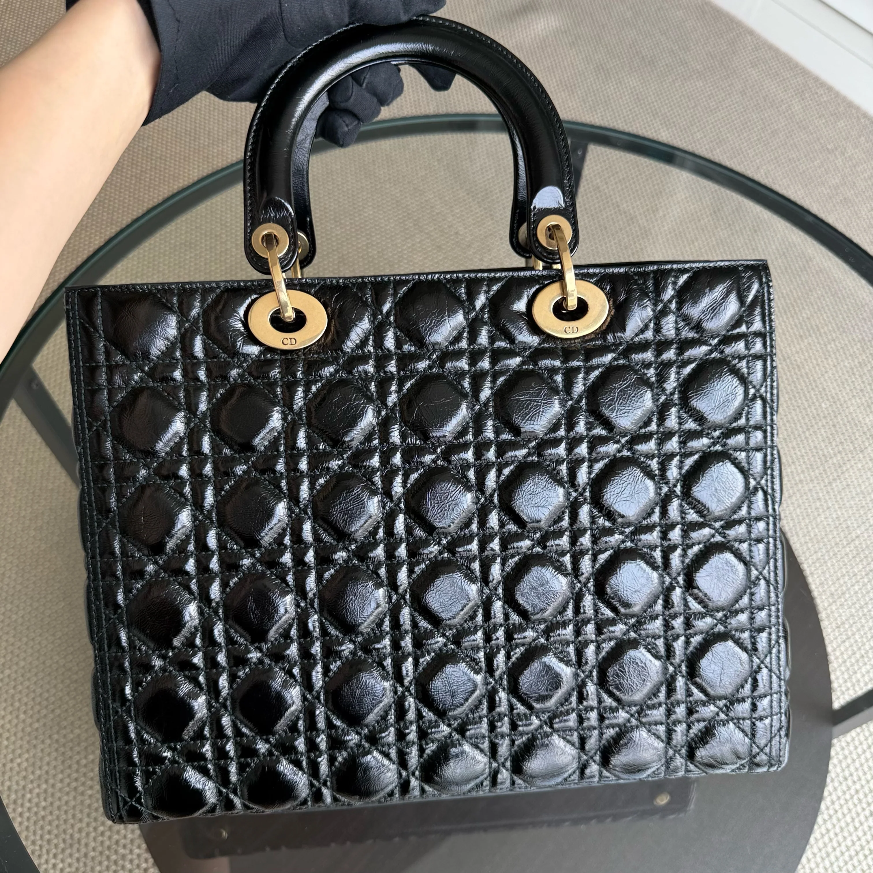 Dior Lady Large Flap - Canange Glazed Calfskin Black Gold Hardware