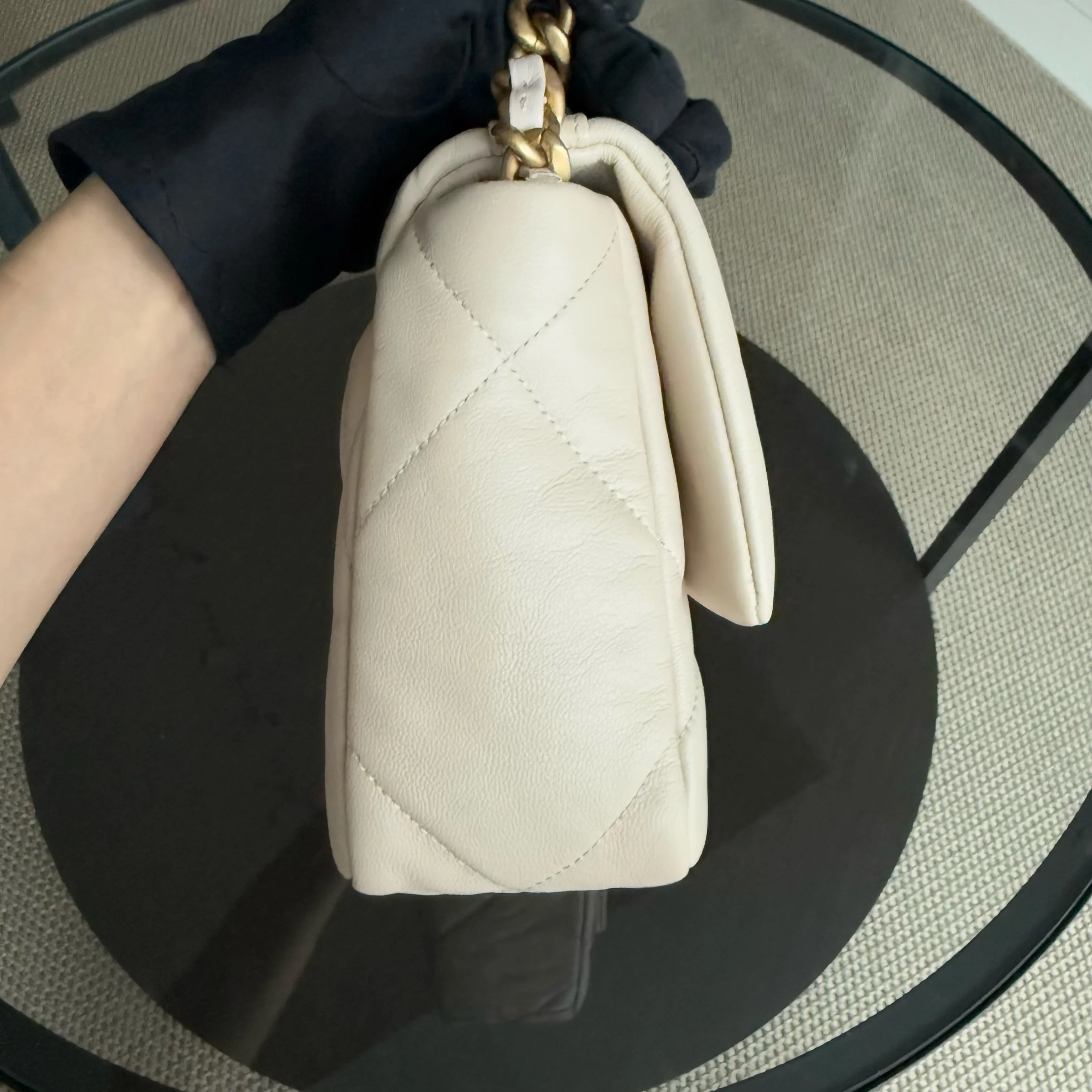 Chanel 19 Bag  Small- C19 Quilted Goatskin Light Beige Cream Two-tone Hardware Series 30