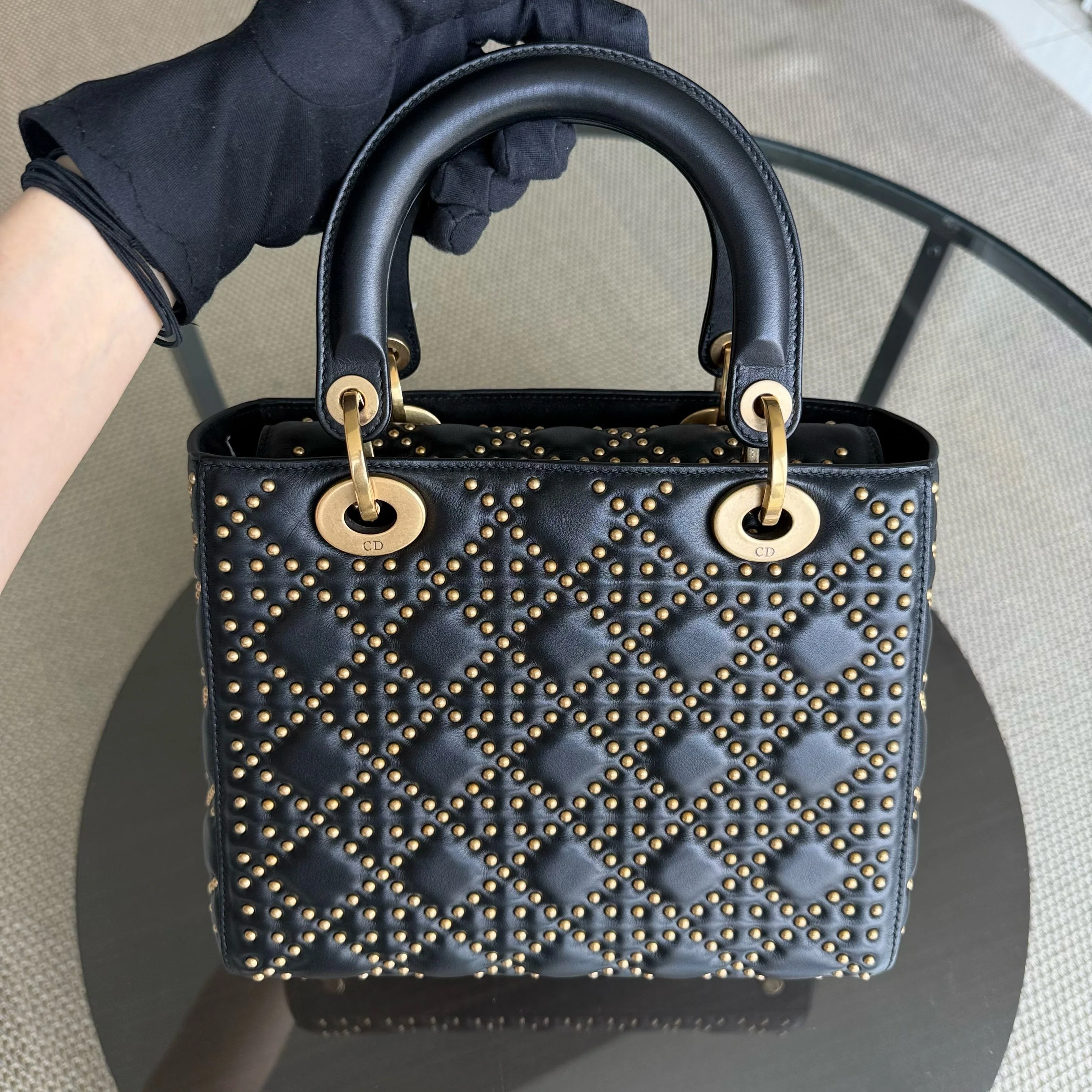 Dior Lady Medium Flap - Studded Cannage Calfskin Black Gold Hardware