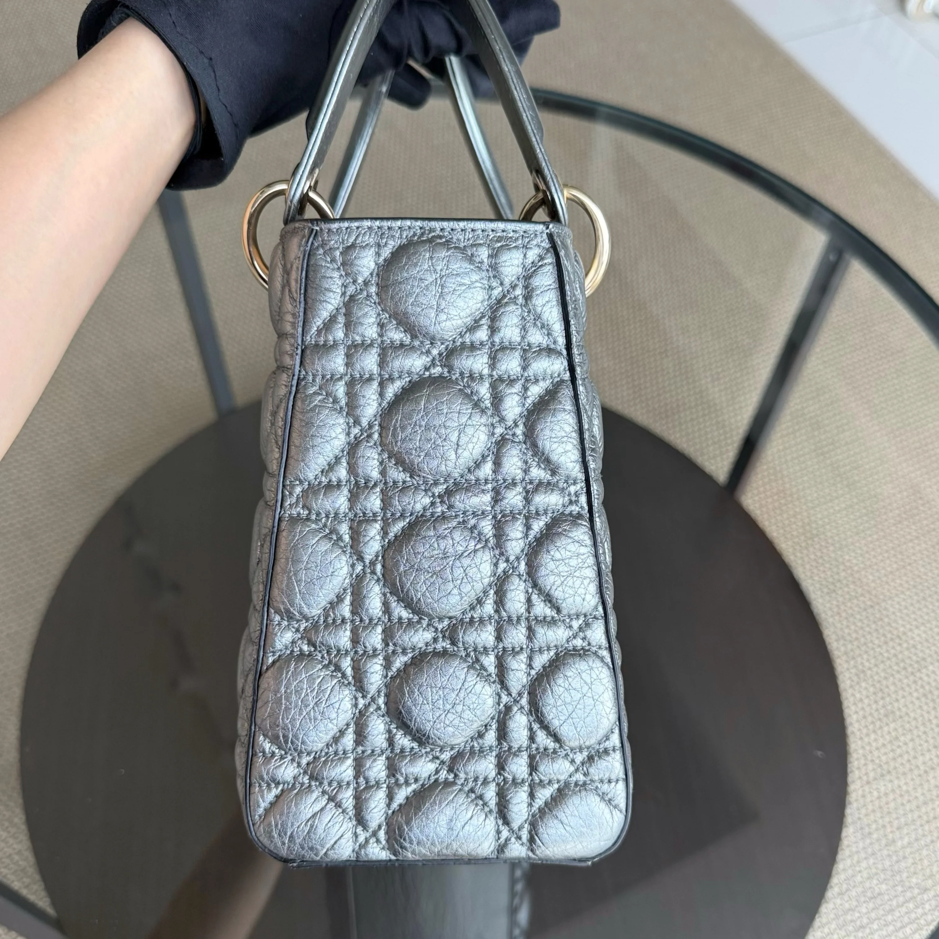 Dior Lady Medium Flap - Grained Calfskin Metallic Silver Gold Hardware Limited Edition