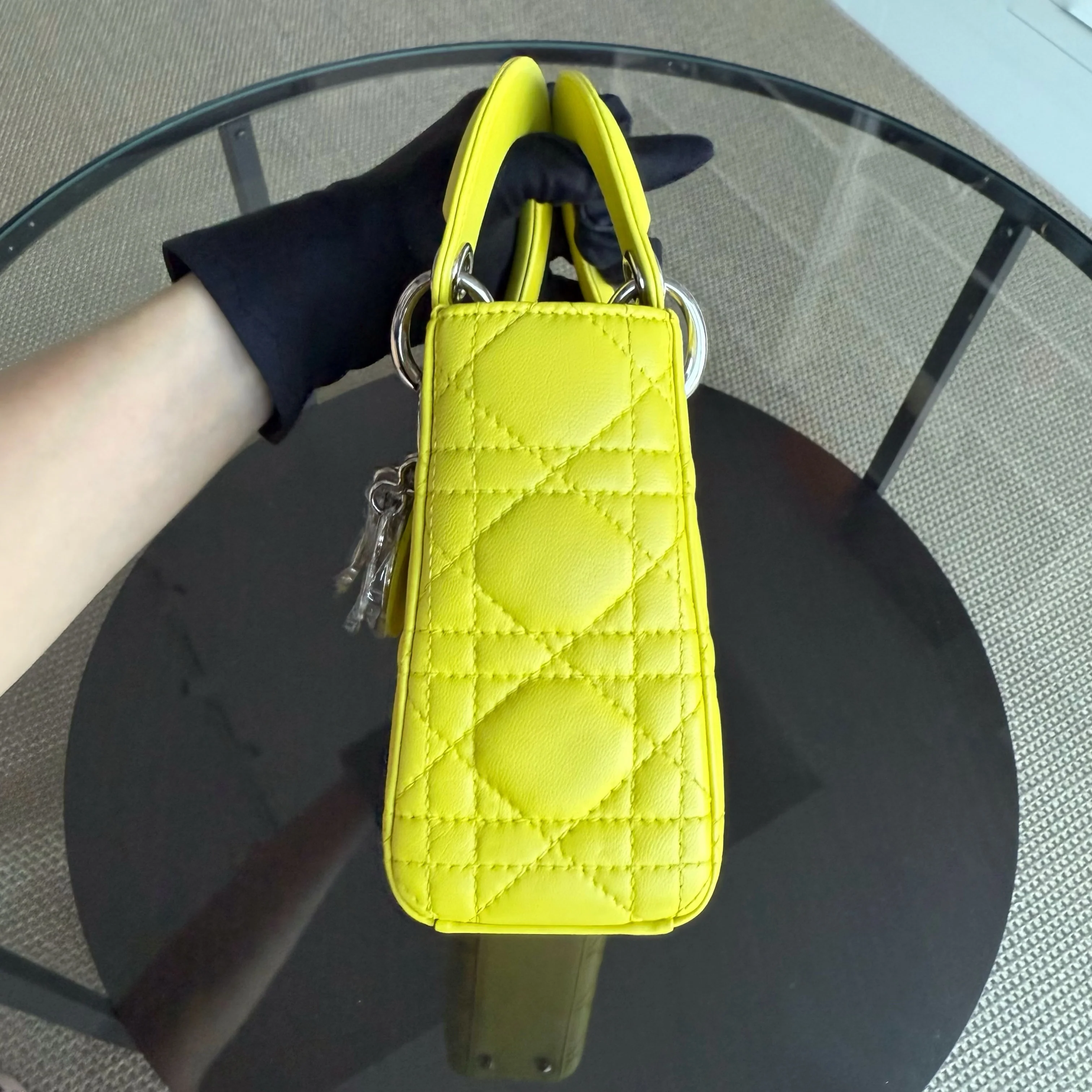 Dior Lady Mini - Cannage Lambskin Yellow Silver Hardware Adjustable Strap