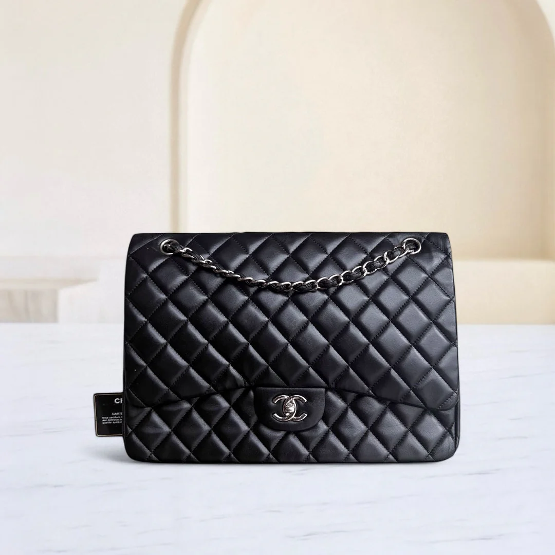 Chanel Classic Flap Maxi - 33CM Quilted Single Flap Lambskin Black Silver Hardware Series 13