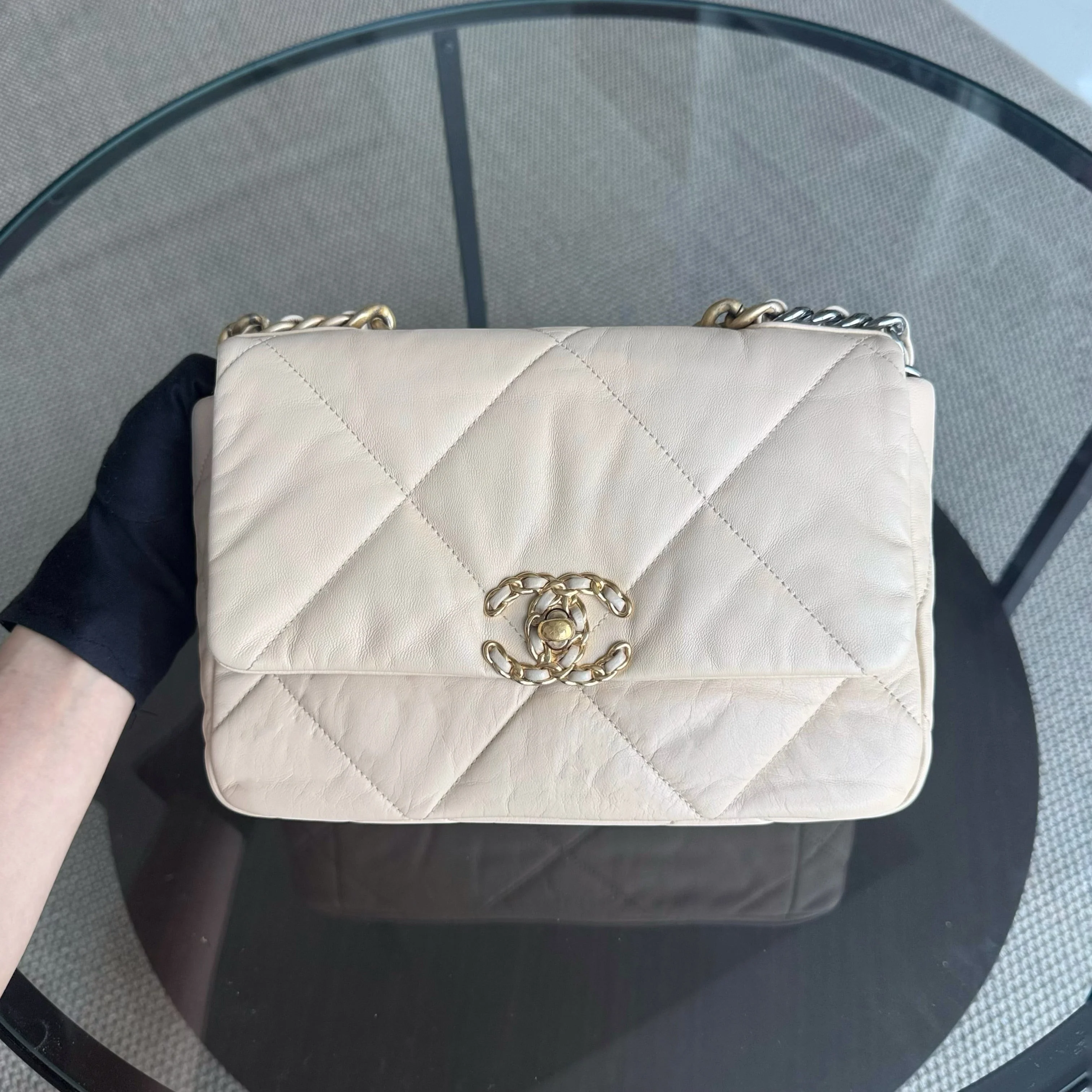 Chanel 19 Bag  Small- C19 Quilted Goatskin Light Beige Cream Two-tone Hardware Series 30
