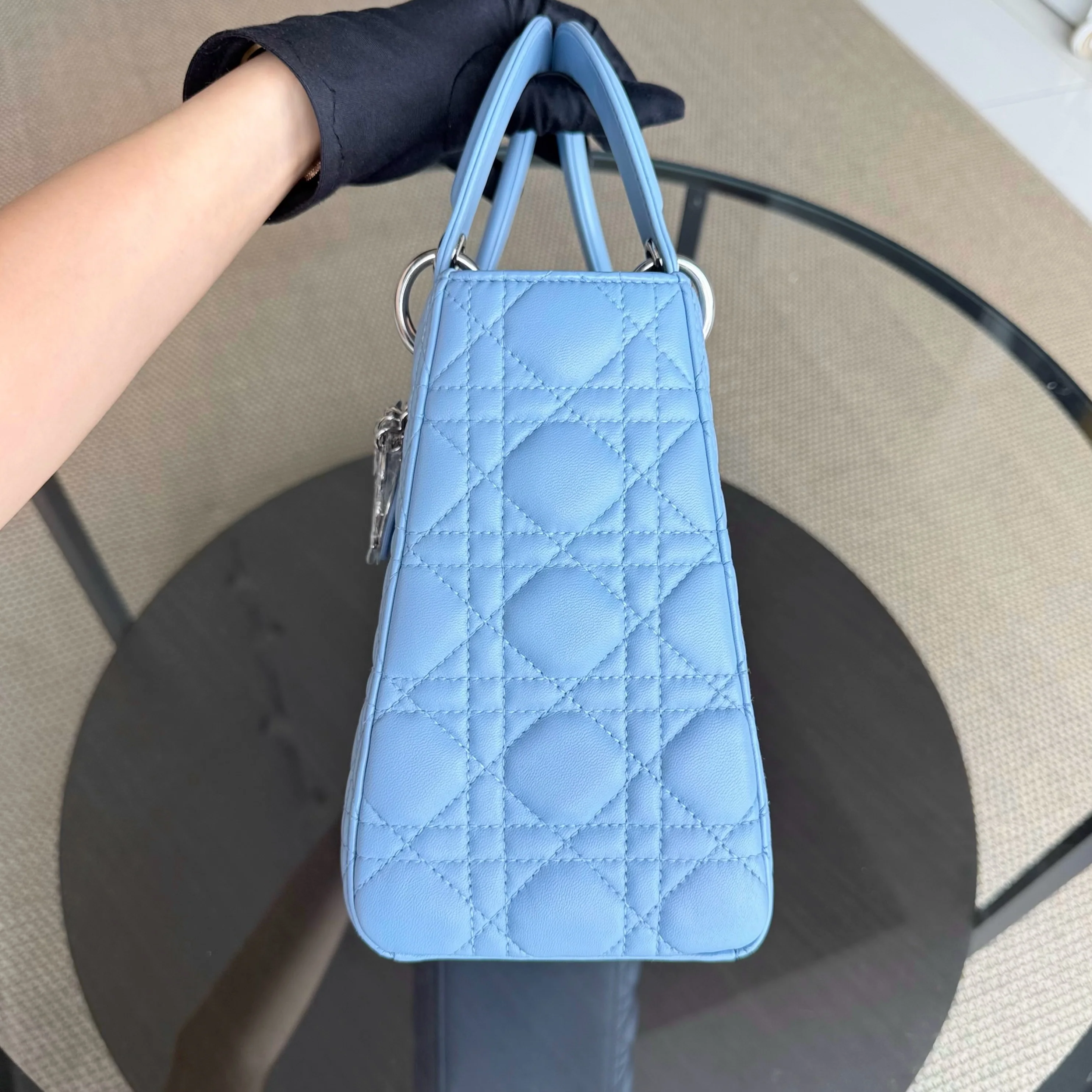 Dior Lady Medium Cannage Lambskin Light Baby Blue Silver Hardware