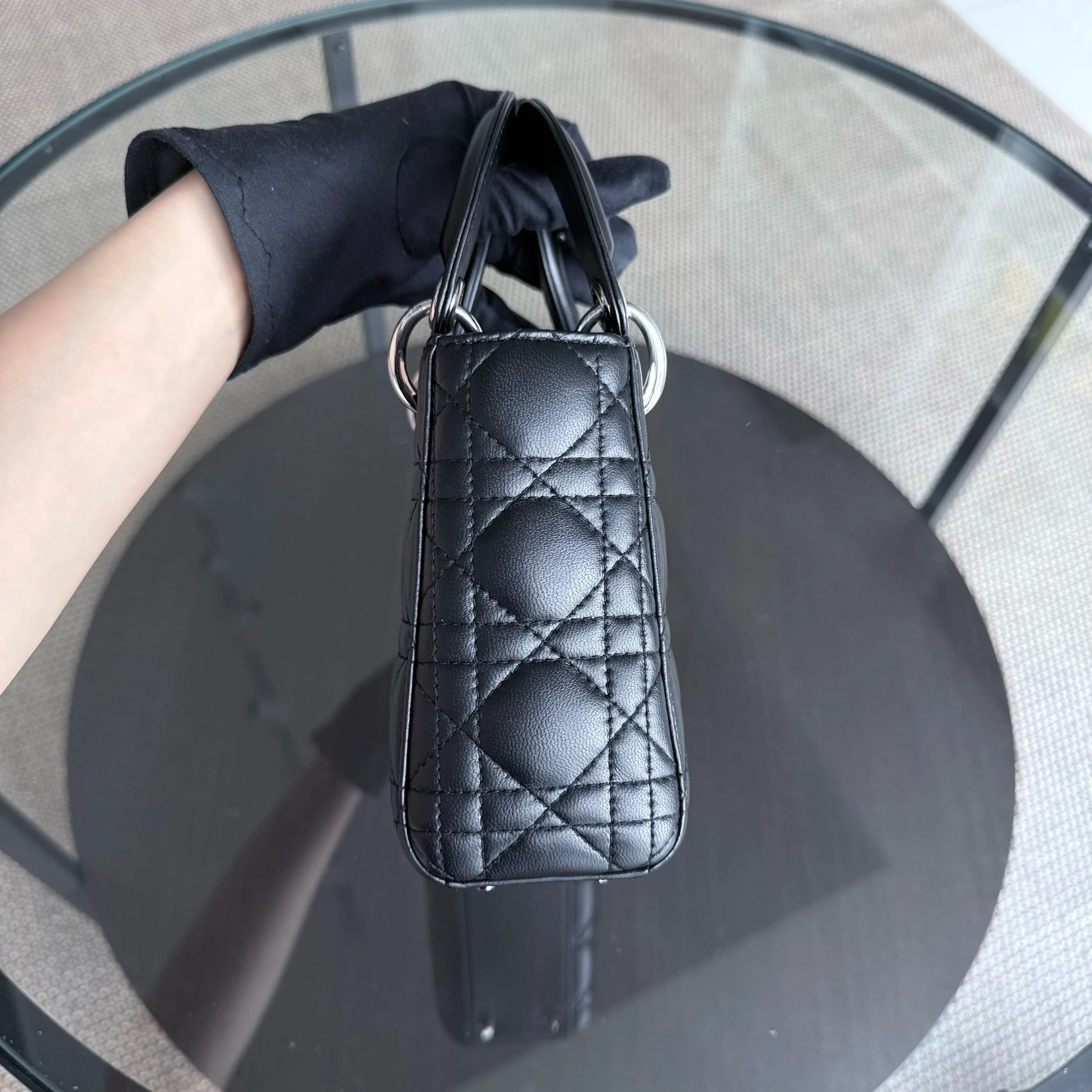 Dior Lady Mini - Cannage Lambskin Black Silver Hardware Chain Strap