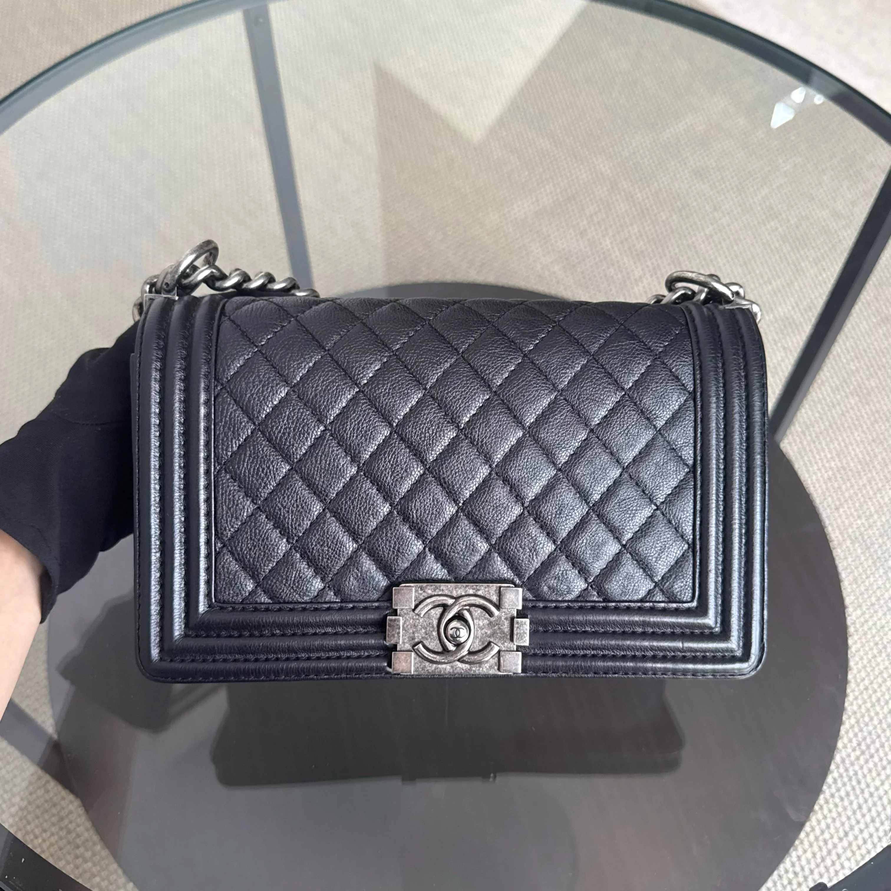 Chanel Boy Medium - Caviar 25CM Quilted Caviar Silver Hardware Series 18