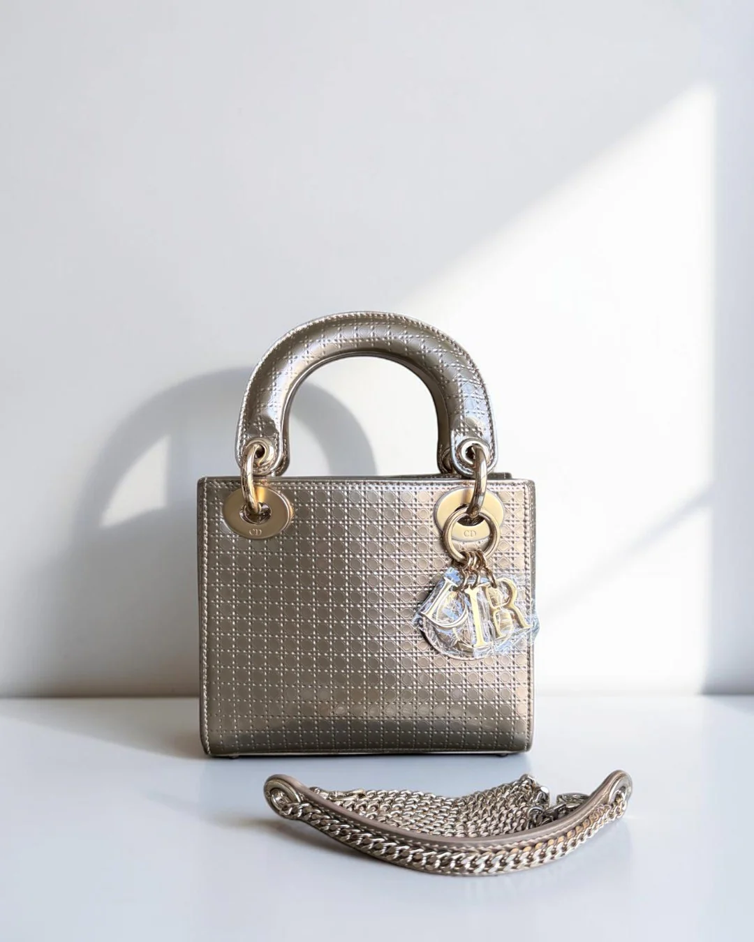 Dior Lady Mini - Calfskin Micro-Cannage Metallic Gold Gold Hardware Chain Strap