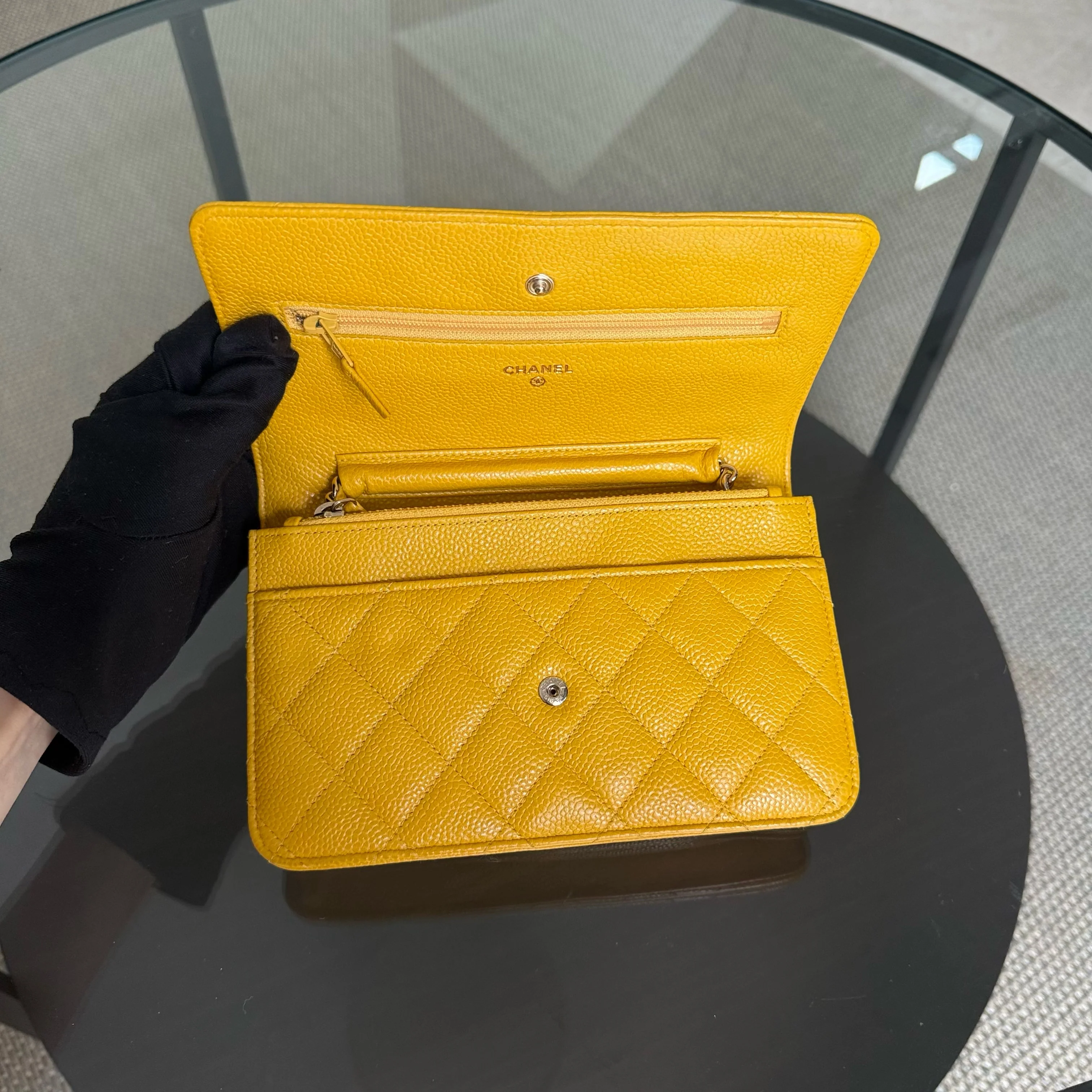 Chanel Wallet On Chain WOC - Quilted Caviar Yellow Series 25