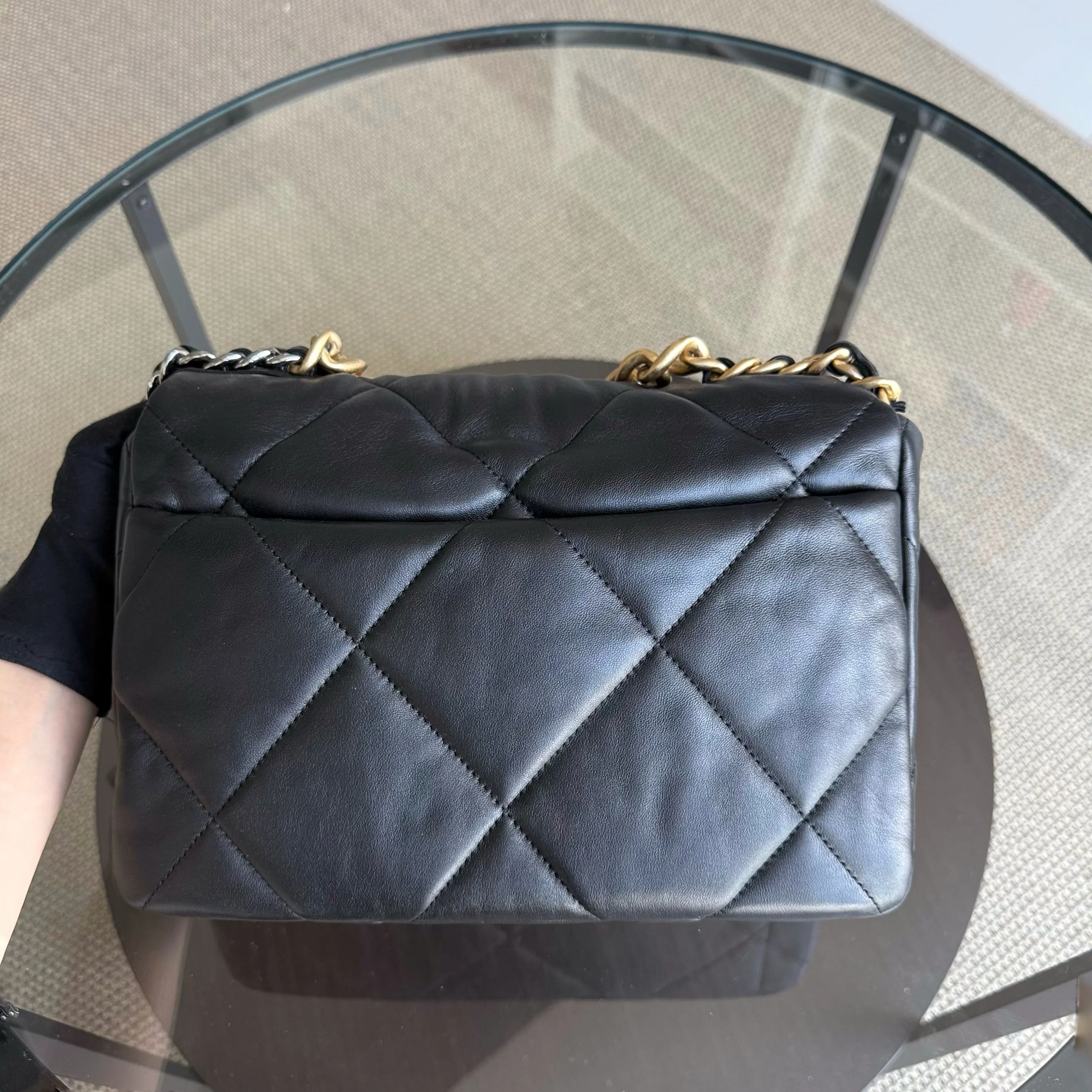 Chanel 19 Bag C19 Medium - Quilted Goatskin Black Two-Tone Gold Hardware Microchip