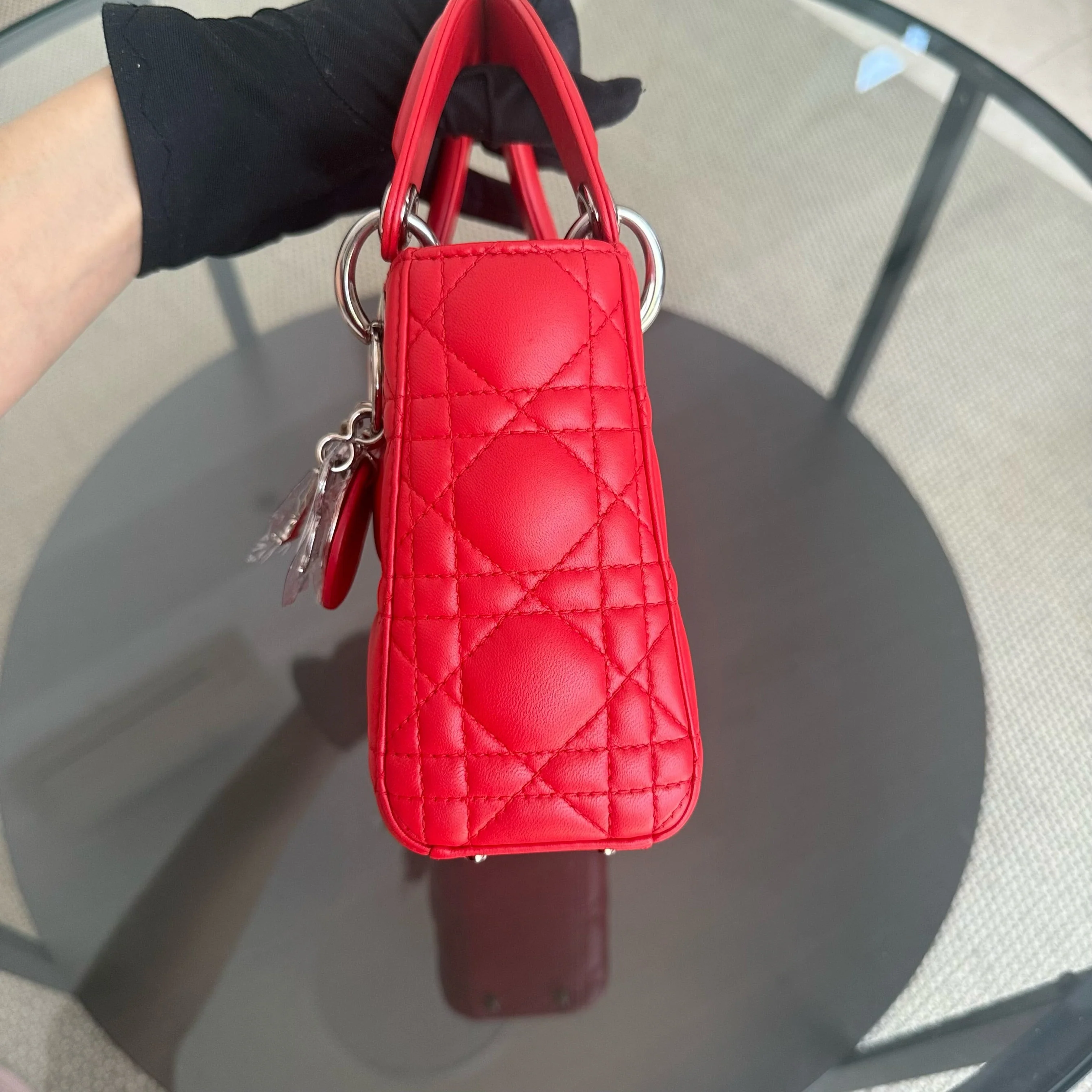 Dior Lady Mini - Cannage Lambskin Red Silver Hardware Adjustable Strap