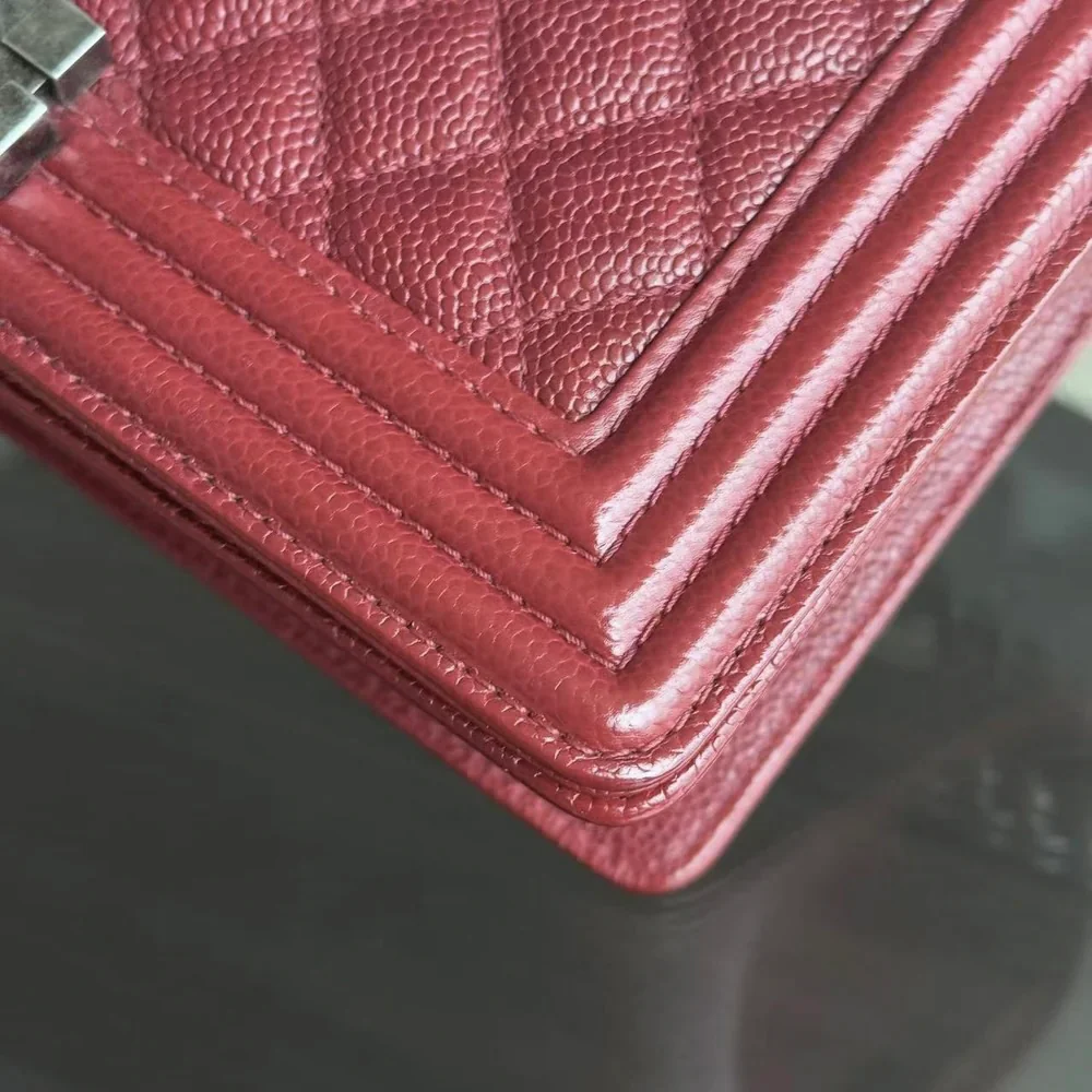 Chanel Boy Medium - Caviar 25CM Quilted Burgundy Dark Red Ruthenium Silver Hardware Series 19