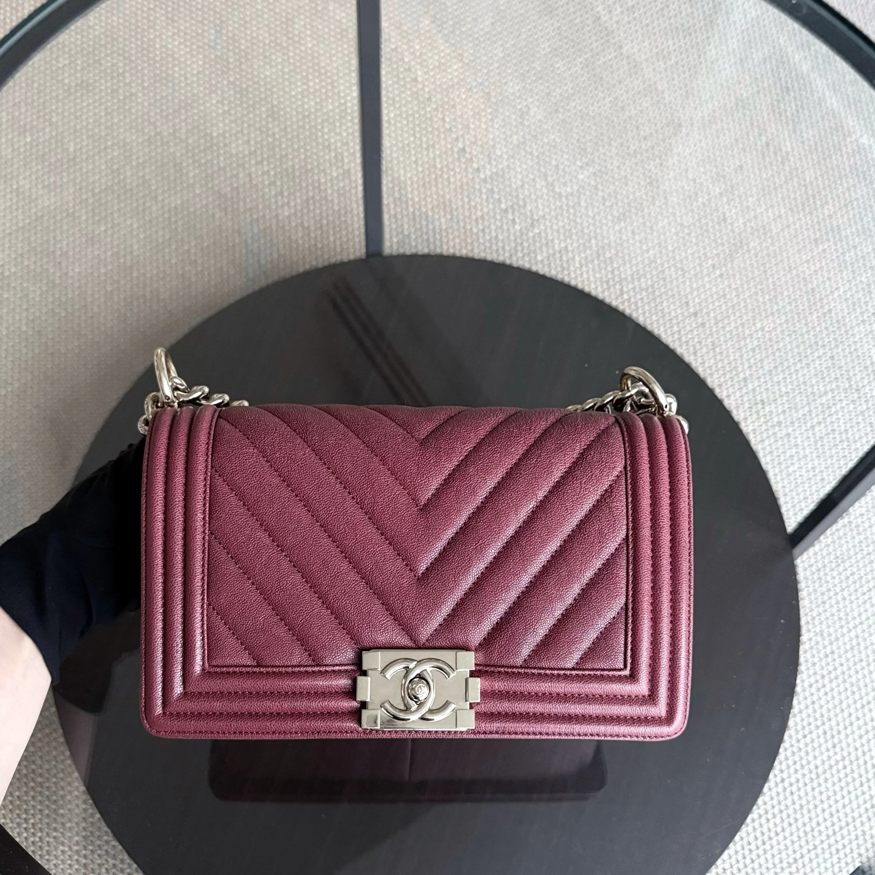 Chanel Boy Medium - Caviar 25CM Chevron Red Gold Hardware Series 28