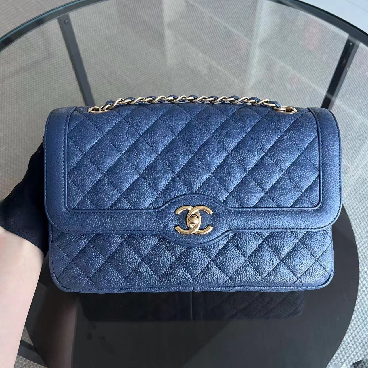 Crumpled Two Tone Flap Grained Calfskin Navy Blue Golden Hardware Series 21