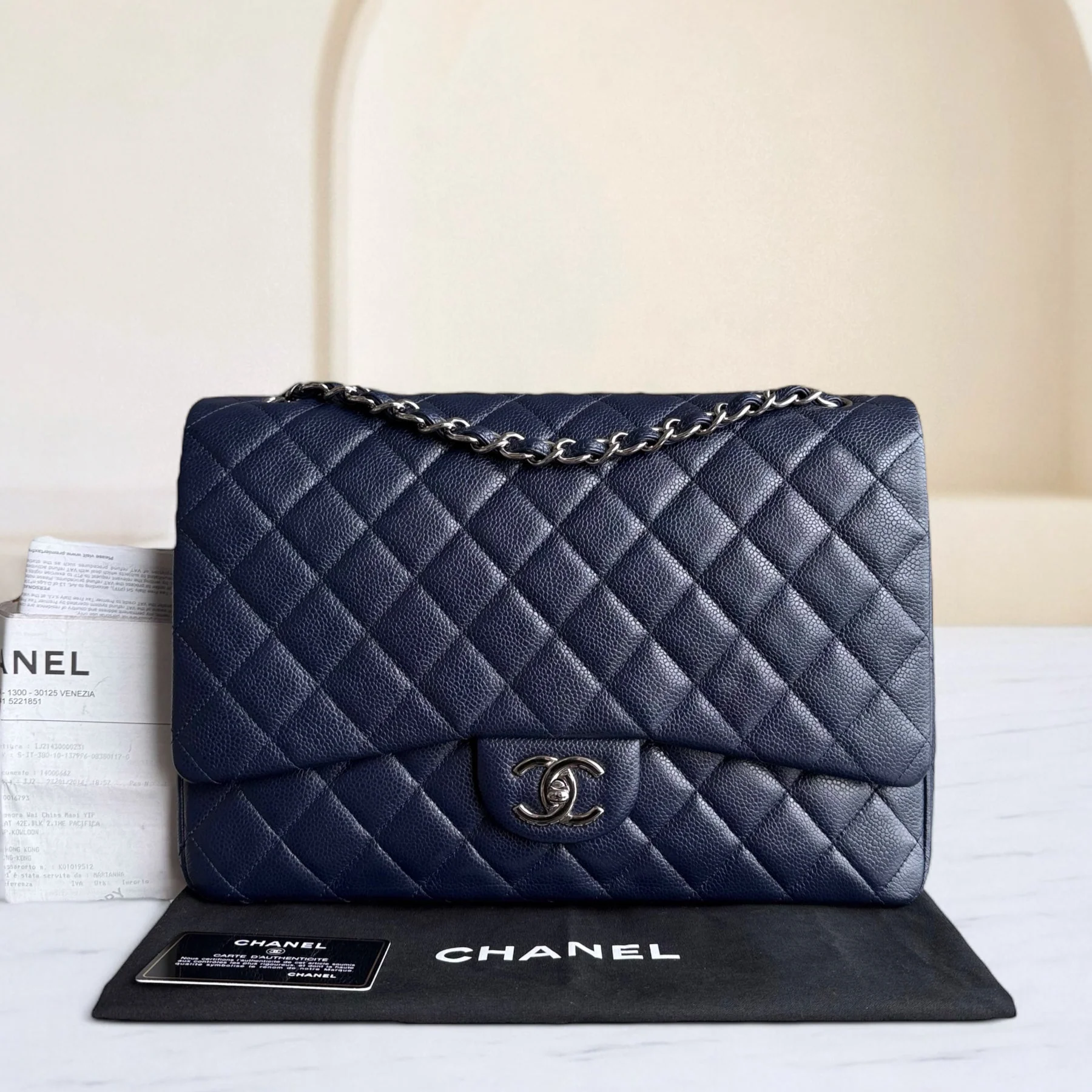 Chanel Classic Flap Maxi - Caviar Double Flap 33CM Quilted Grained Calfskin Dark Blue Silver Hardware Series 18
