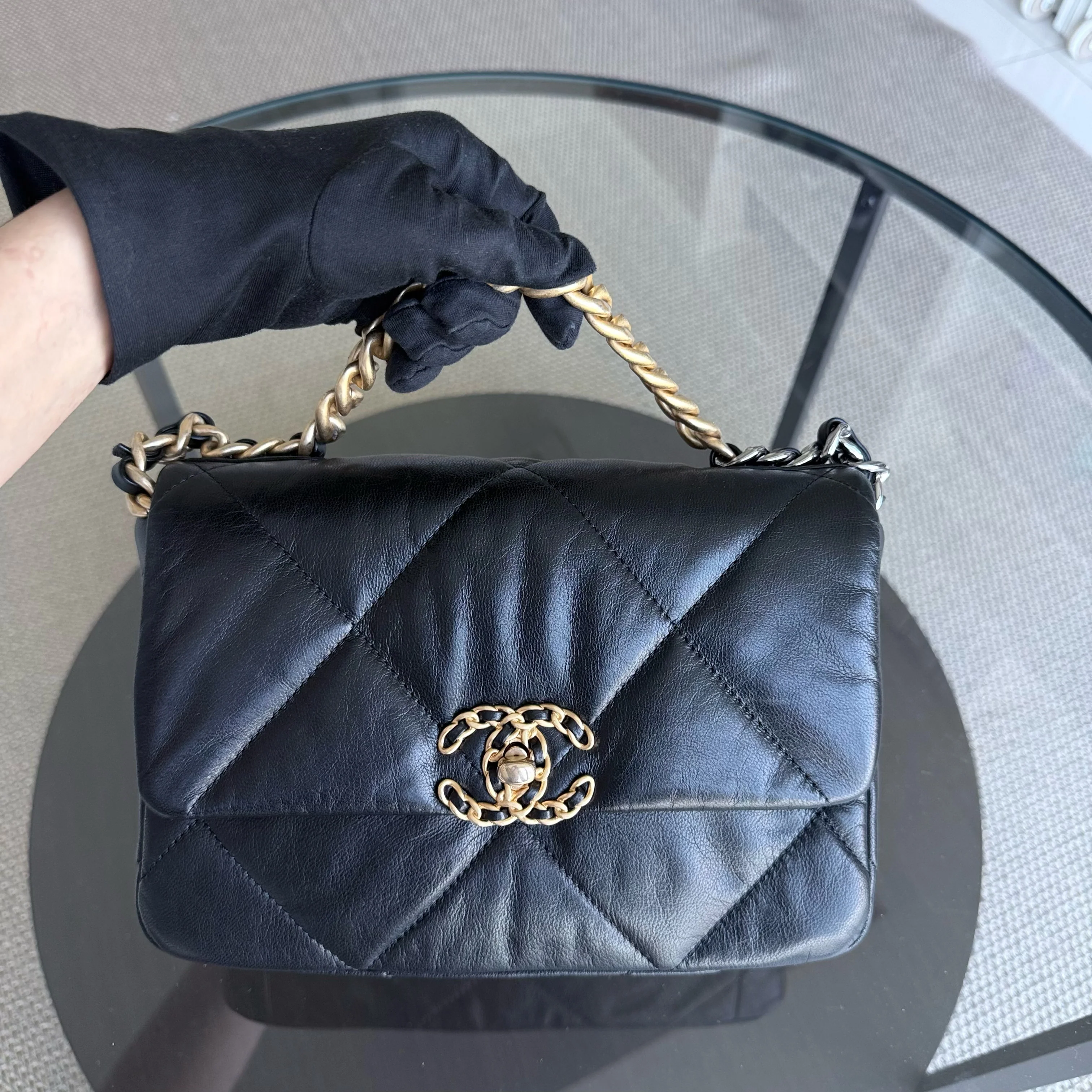 Chanel 19Bag C19 Small - Quilted Goatskin Black Gold Two-tone Hardware Series 30